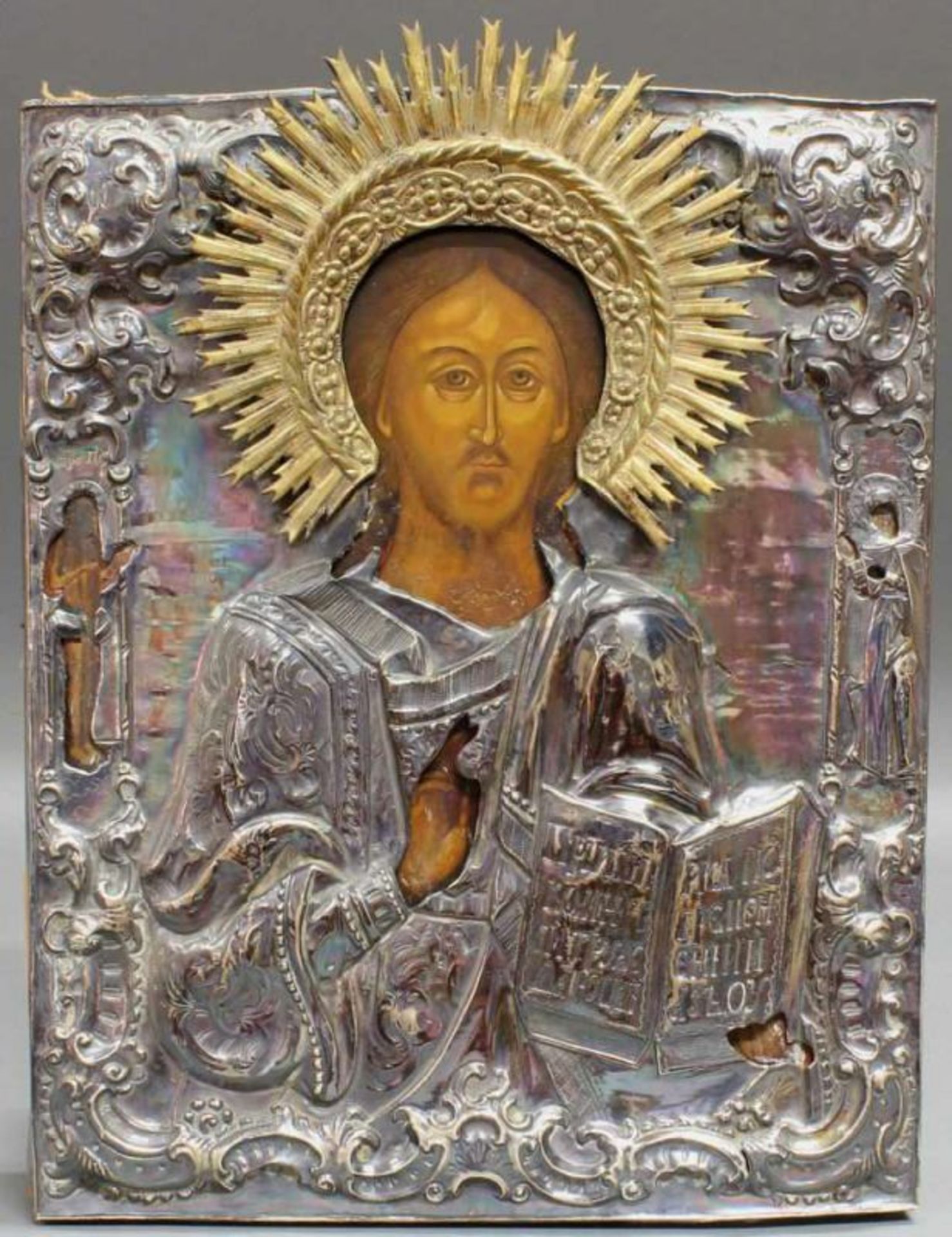 Ikone, Tempera auf Holz, "Christus Pantokrator", am Bildrand Onoufrius und Martha, Silberoklad,