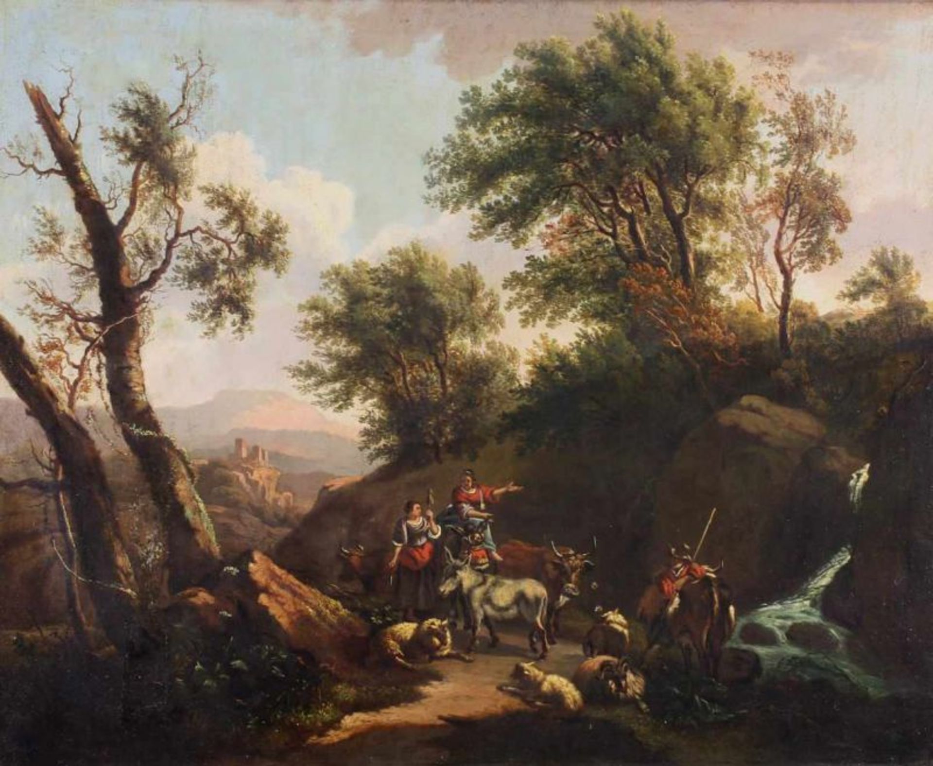 Unbekannter Maler (18./19. Jh.), "Rastende Hirten in südlicher Landschaft", Öl auf Leinwand,
