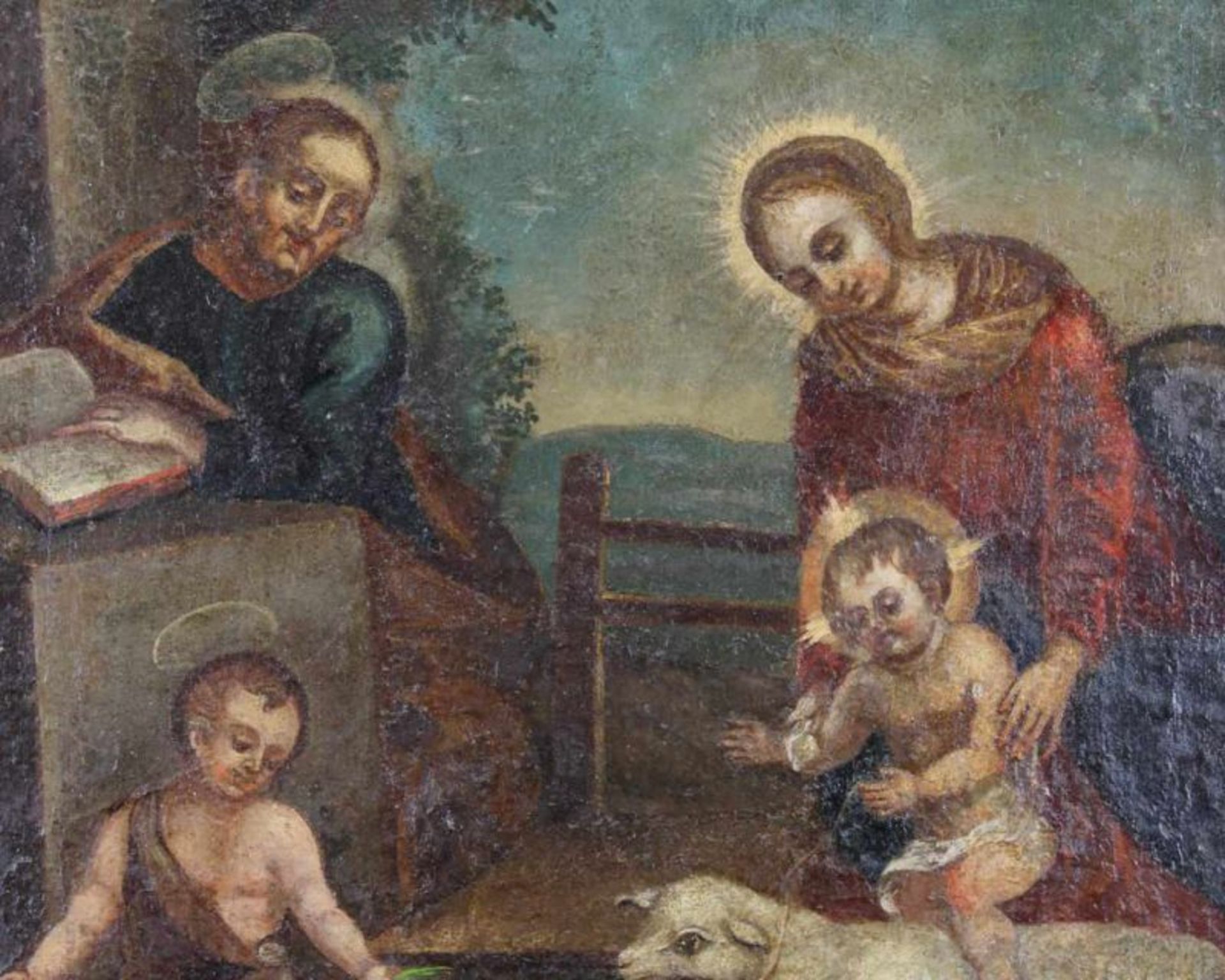 Sakralmaler (18. Jh.), "Hl. Familie mit dem Johannesknaben", Öl auf Leinwand, auf Holz, 53.5 x 41 cm - Image 2 of 3