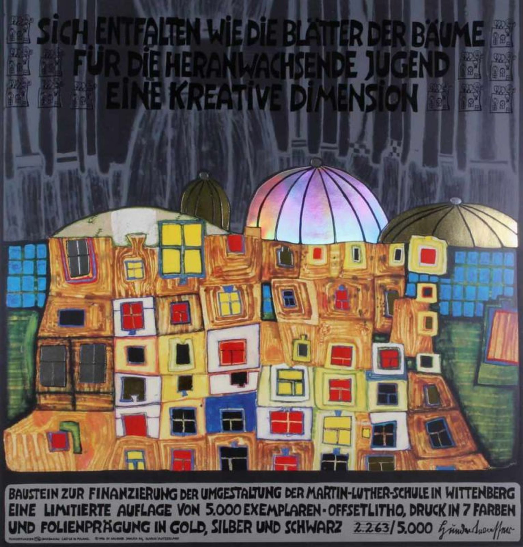 Hundertwasser, Friedensreich (1928 Wien - 2000), Farboffset, "Baustein zur Finanzierung der Martin-