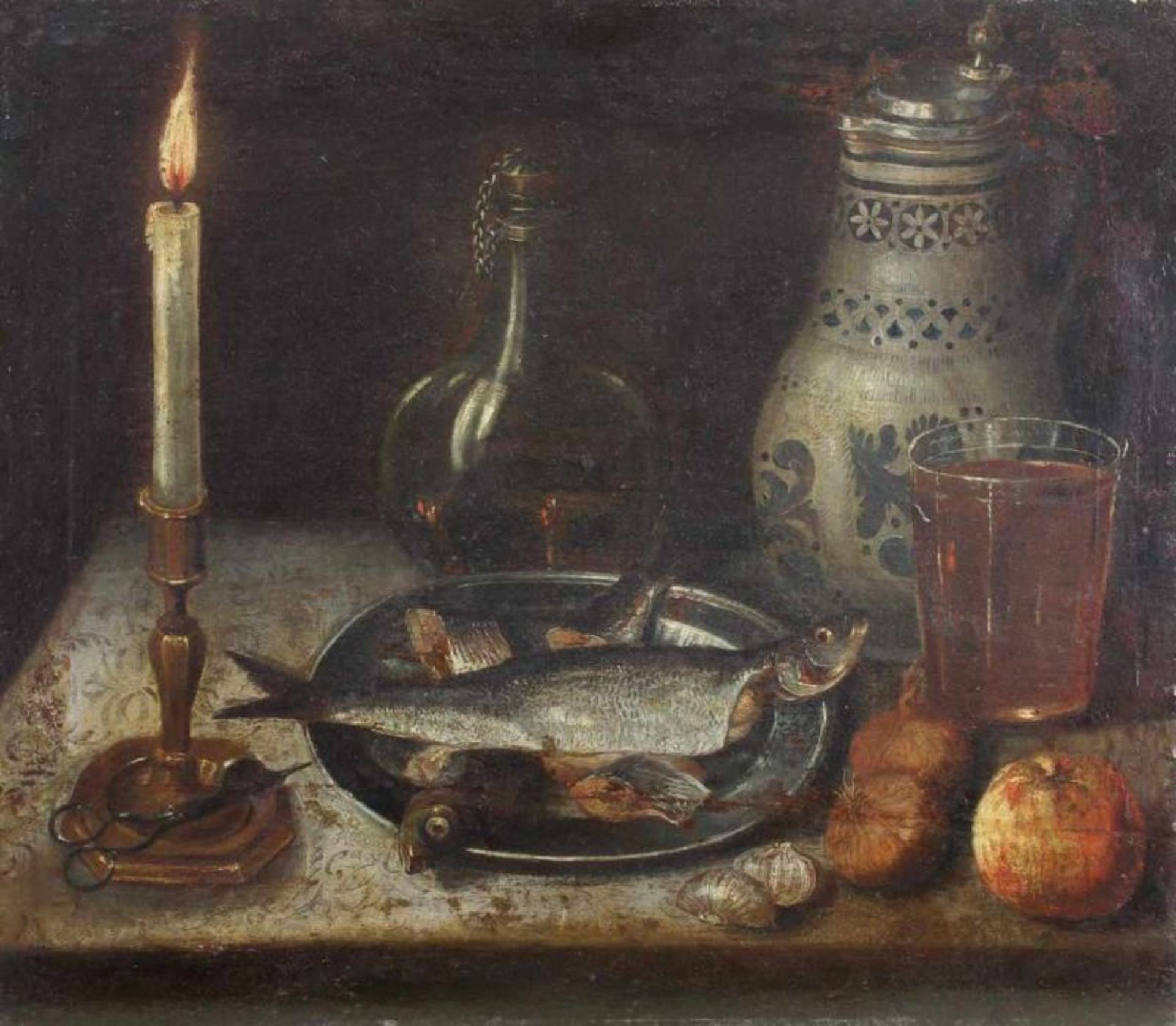 Deutscher Meister (2. Hälfte 17. Jh.), "Stillleben mit Fisch", Öl auf Leinwand, auf Holz, 48 x 54