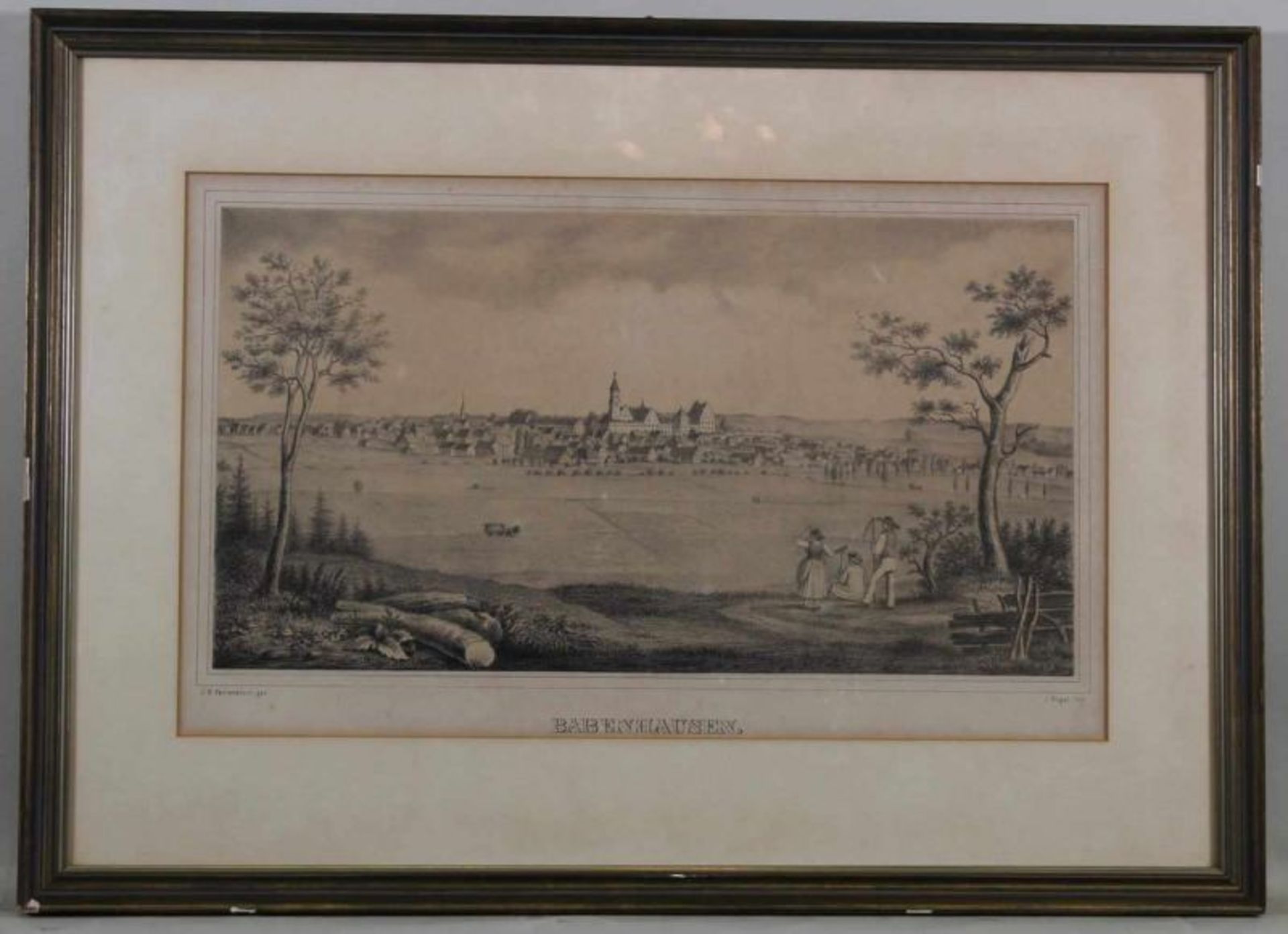 Kreidelithografie, über Tonplatte, "Ansicht von Babenhausen", von Riegal, nach J.N. Fahrenschon, - Image 2 of 2