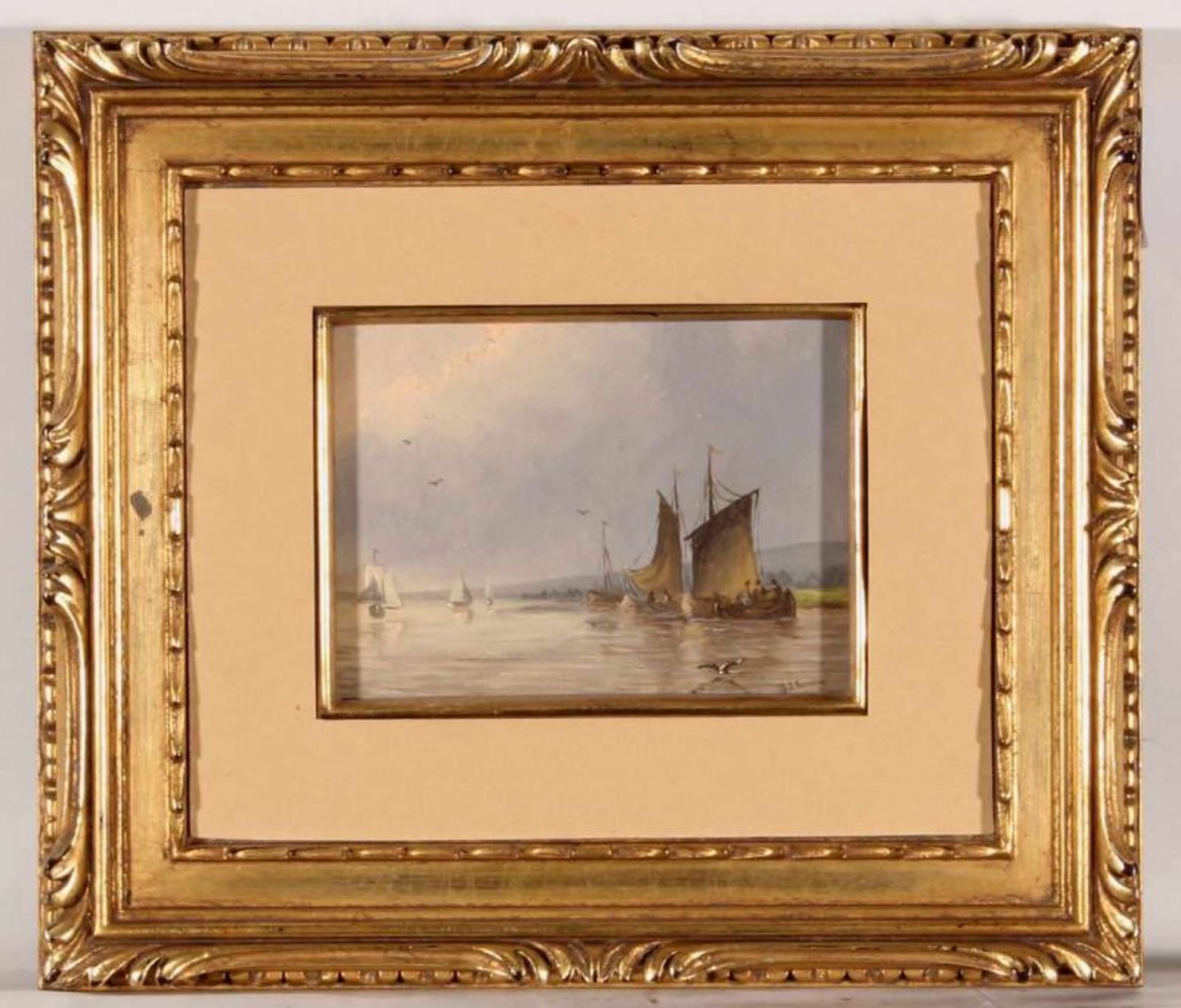 Schütz, J.F. (19./20. Jh.), "Segelboote vor der Küste", Öl auf Holz, unten rechts J.F. Schütz, 9 x - Image 2 of 3