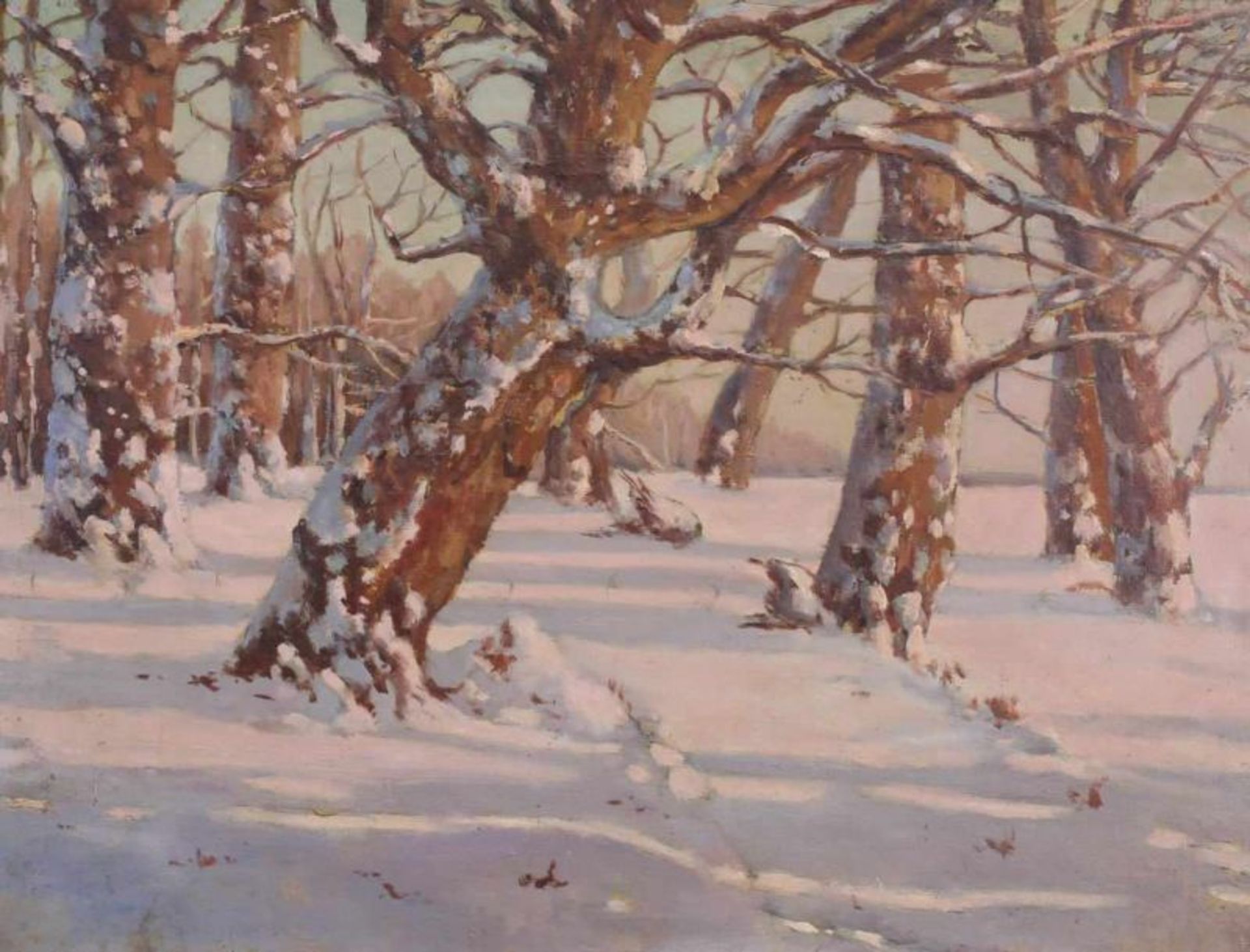 Landschaftsmaler (19./20. Jh.), "Winterabendsonne", Öl auf Leinwand, 50 x 65 cm, verso