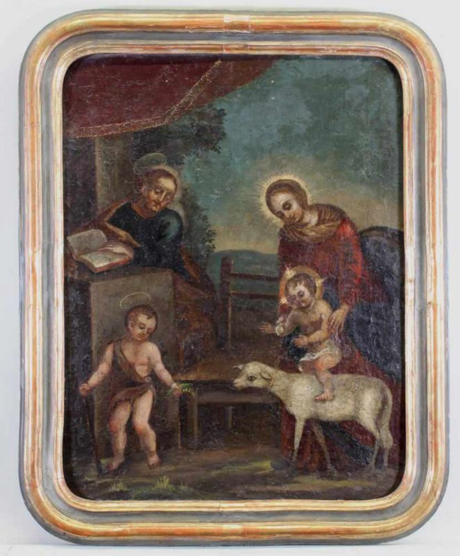 Sakralmaler (18. Jh.), "Hl. Familie mit dem Johannesknaben", Öl auf Leinwand, auf Holz, 53.5 x 41 cm