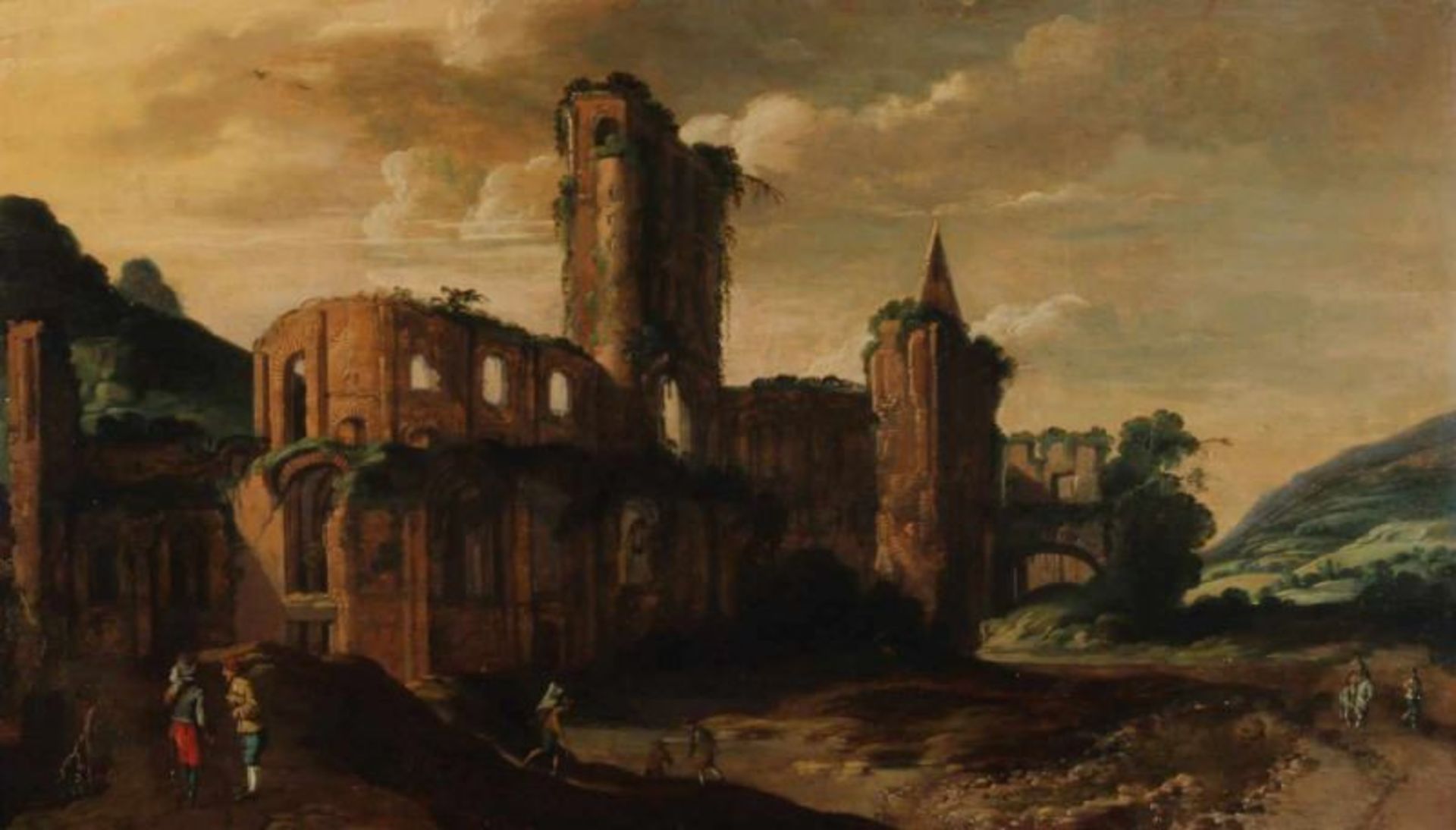 wohl Deutscher Meister des 17. Jh., "Landschaft mit Ruine", Öl auf Holz, 39 x 68 cm, Holztafel