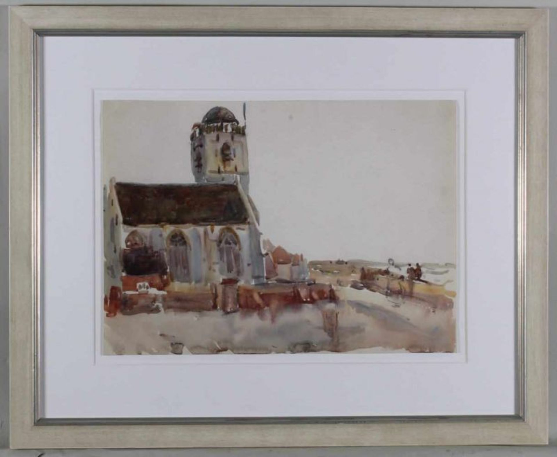 Unbekannter Künstler (20. Jh.), "Kirche von Katwijk ?", Aquarell, 25 x 35 cm, unter Glas gerahmt - Image 2 of 2