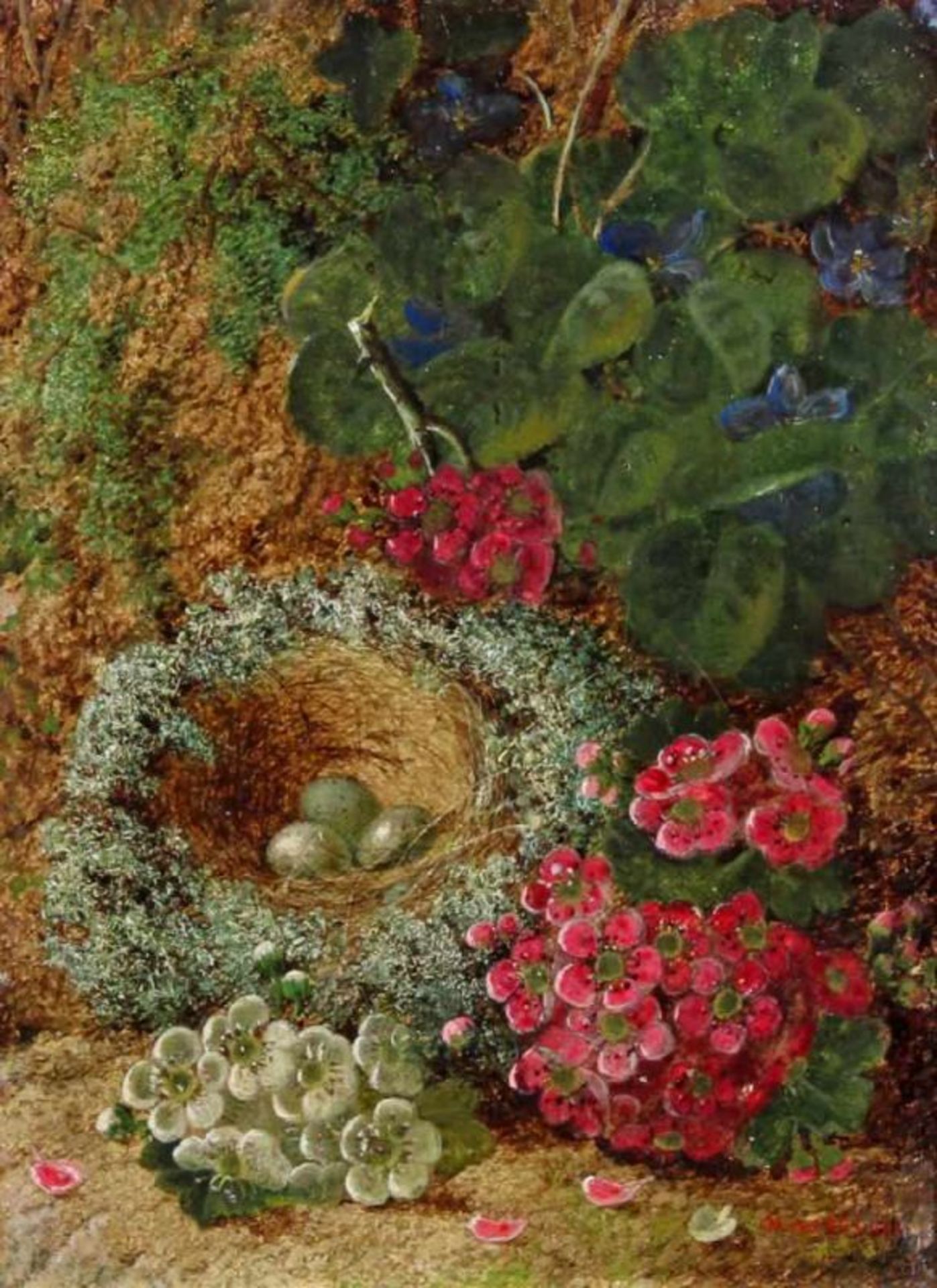 Clare, Oliver (1853 England - 1927, Stilllebenmaler), "Vogelnest und Blüten", Öl auf Leinwand,