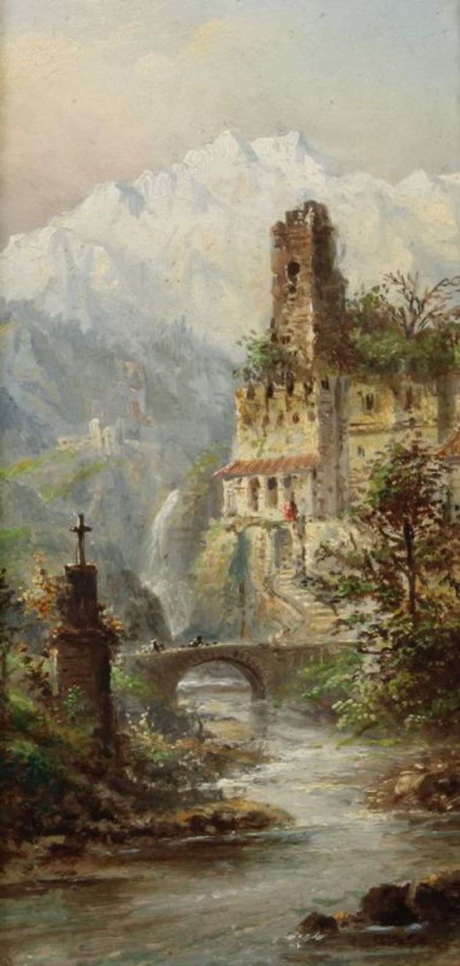 Rezia, Felice Auguste (act. 1857 - 1907, Landschaftsmalerin), "Motiv bei Splügen", Öl auf Holz,