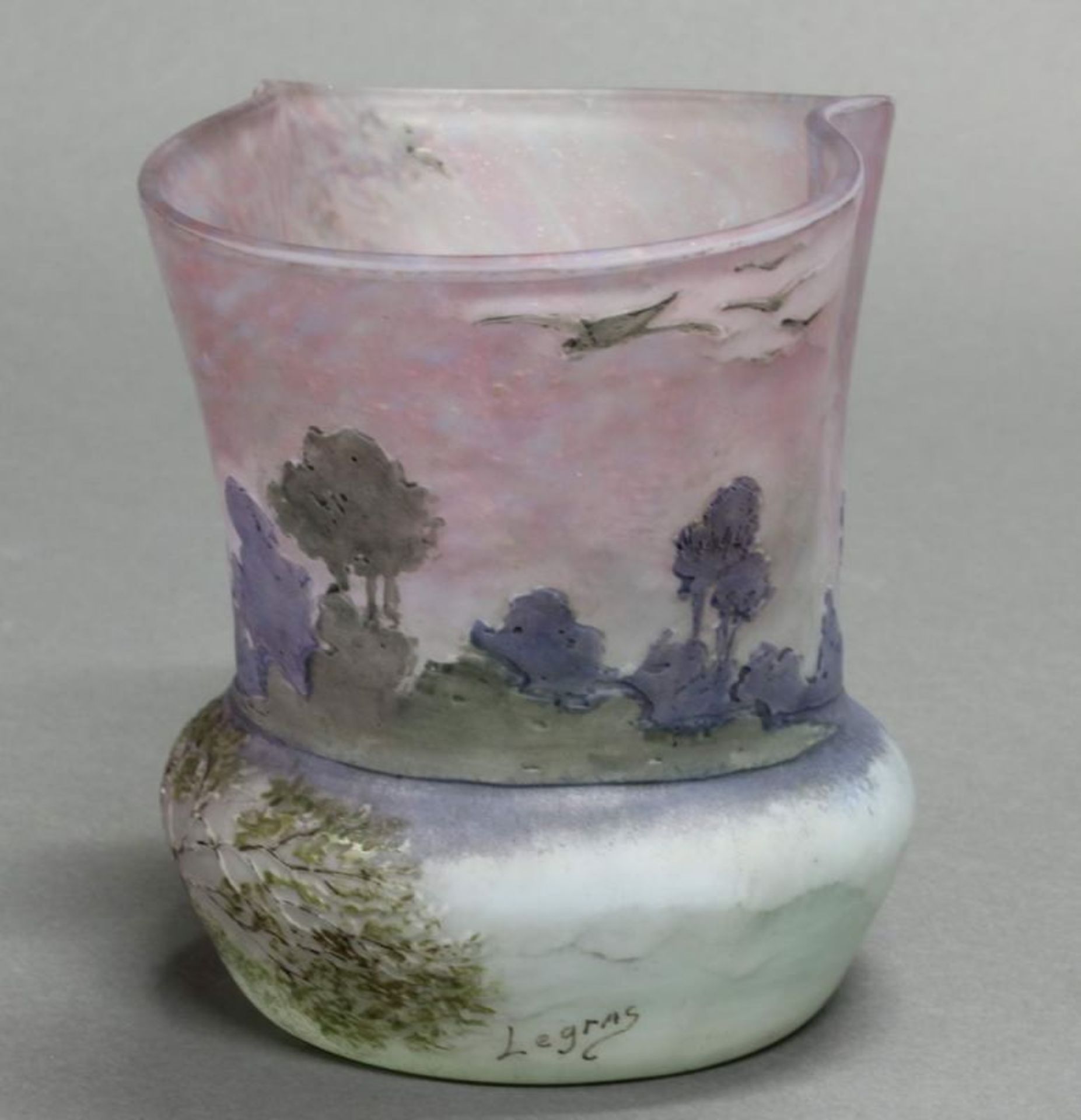 Vase, "Paysage", Legras & Cie, um 1910, Glas, mit geätzter, emailbemalter Landschaft, gekniffene - Image 2 of 6