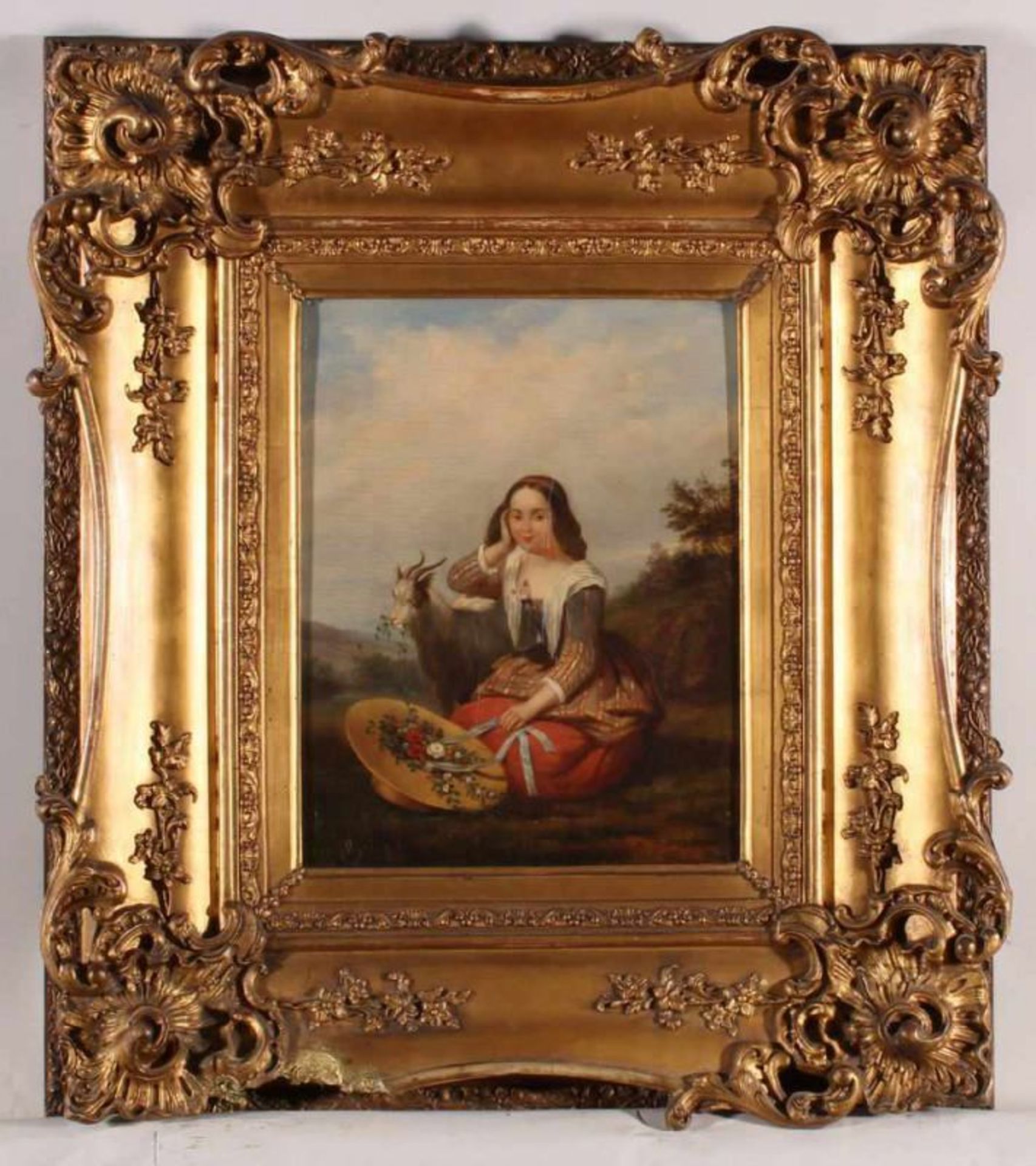 Unbekannter Maler (19./20. Jh.), "Schäferin mit Ziegenbock", Öl auf Holz, 31.5 x 25.5 cm, - Image 2 of 3