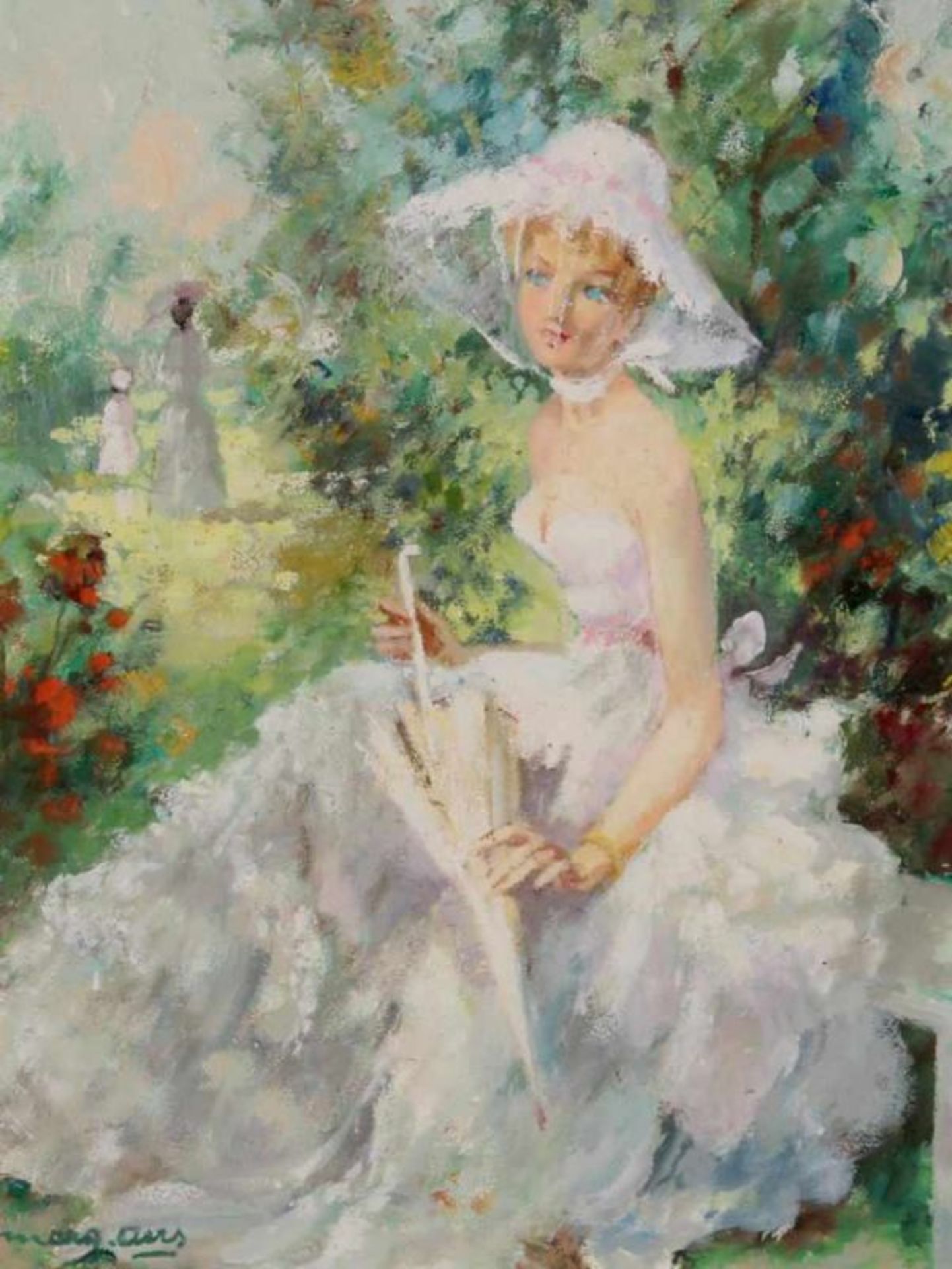 Aers, Marguerite (1918 Belgien - 1995, Genremalerin), "Junge Frau im Park", Öl auf Hartfaser,