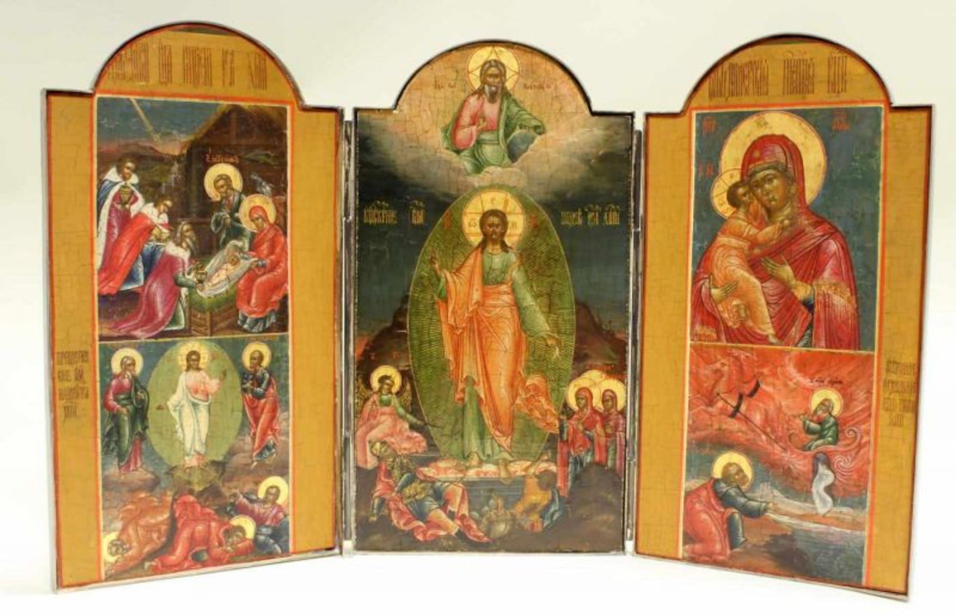 Triptychon, Tempera auf Holz, "Mitte Christi Auferstehung, linker Flügel Christi Geburt, Christi