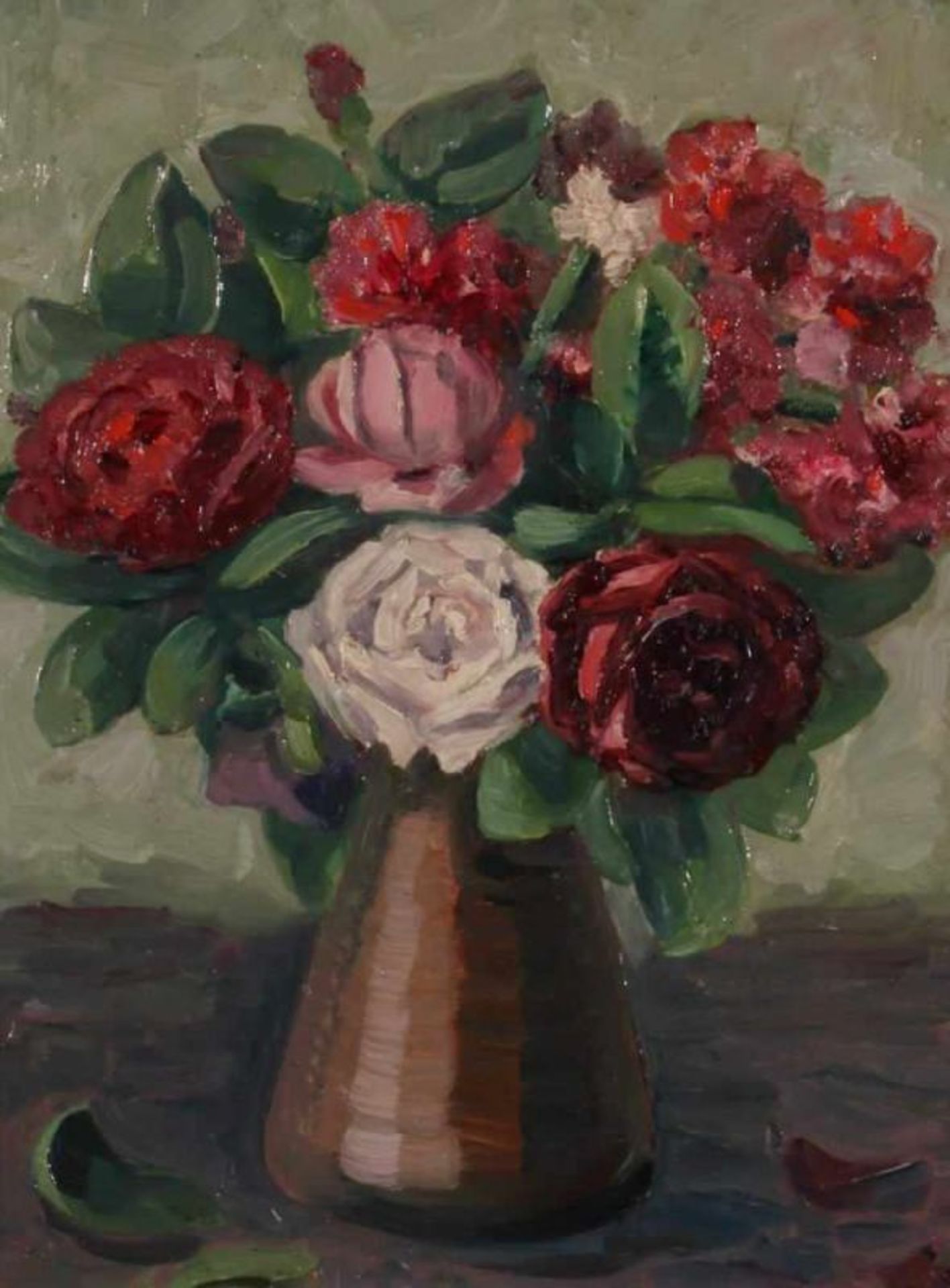 Stilllebenmaler (19./20. Jh.), "Rosen in einer Vase", Öl auf Malkarton, 31 x 24.5 cm 20.00 % buyer's