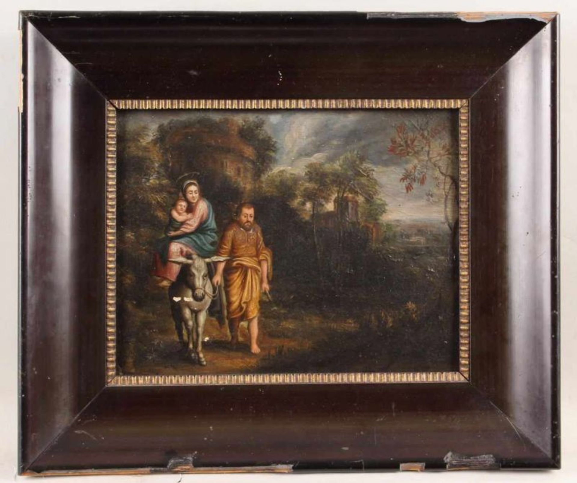 Flämisch (18. Jh.), "Flucht nach Ägypten", Öl auf Holz, 17 x 22 cm, Farbabsprünge und -aufbrüche, - Image 2 of 3