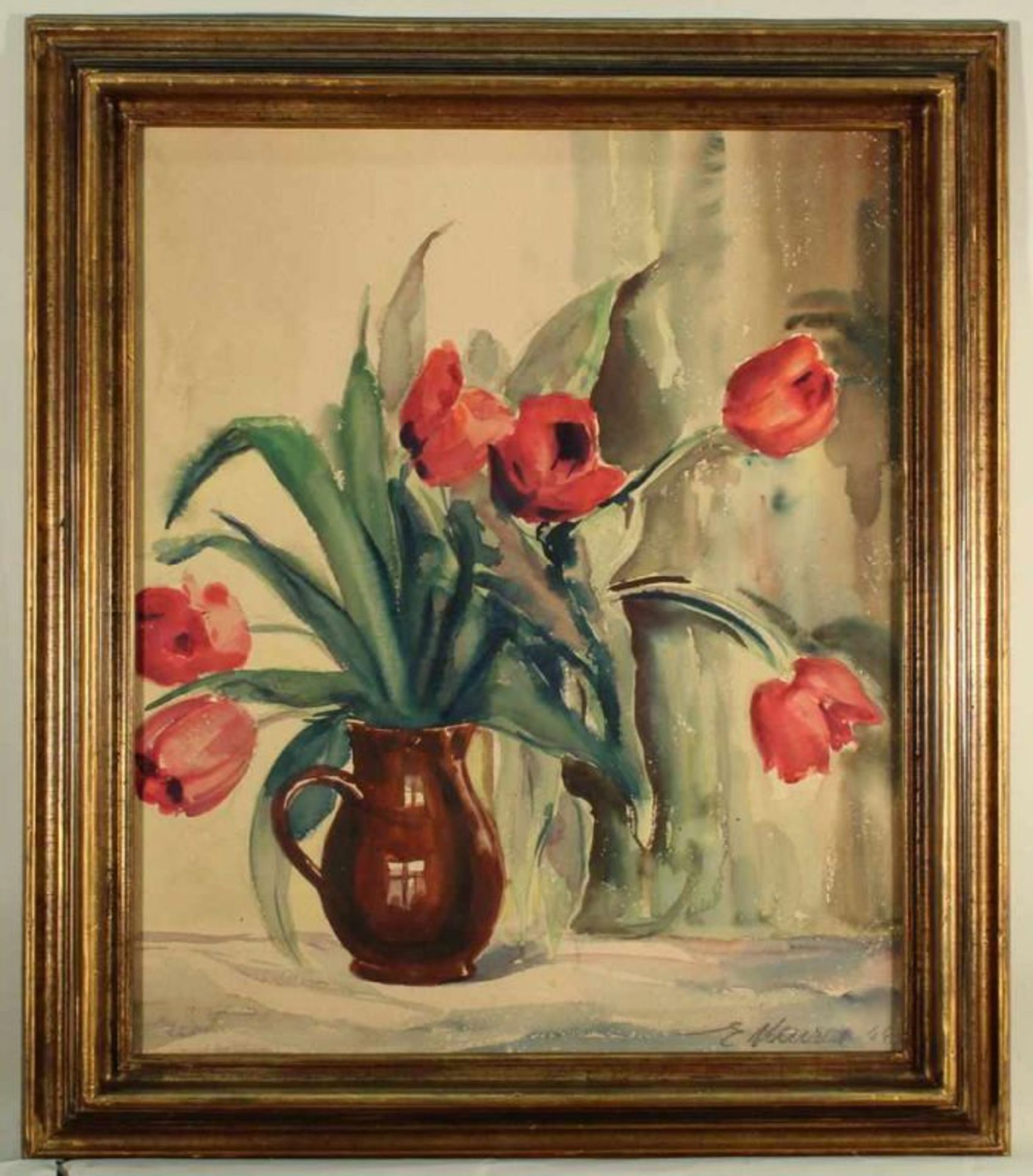 Meurer, Ernst (1884 Lahr - 1956 Bonn), Aquarell, "Stillleben mit roten Tulpen", signiert und datiert - Image 2 of 3