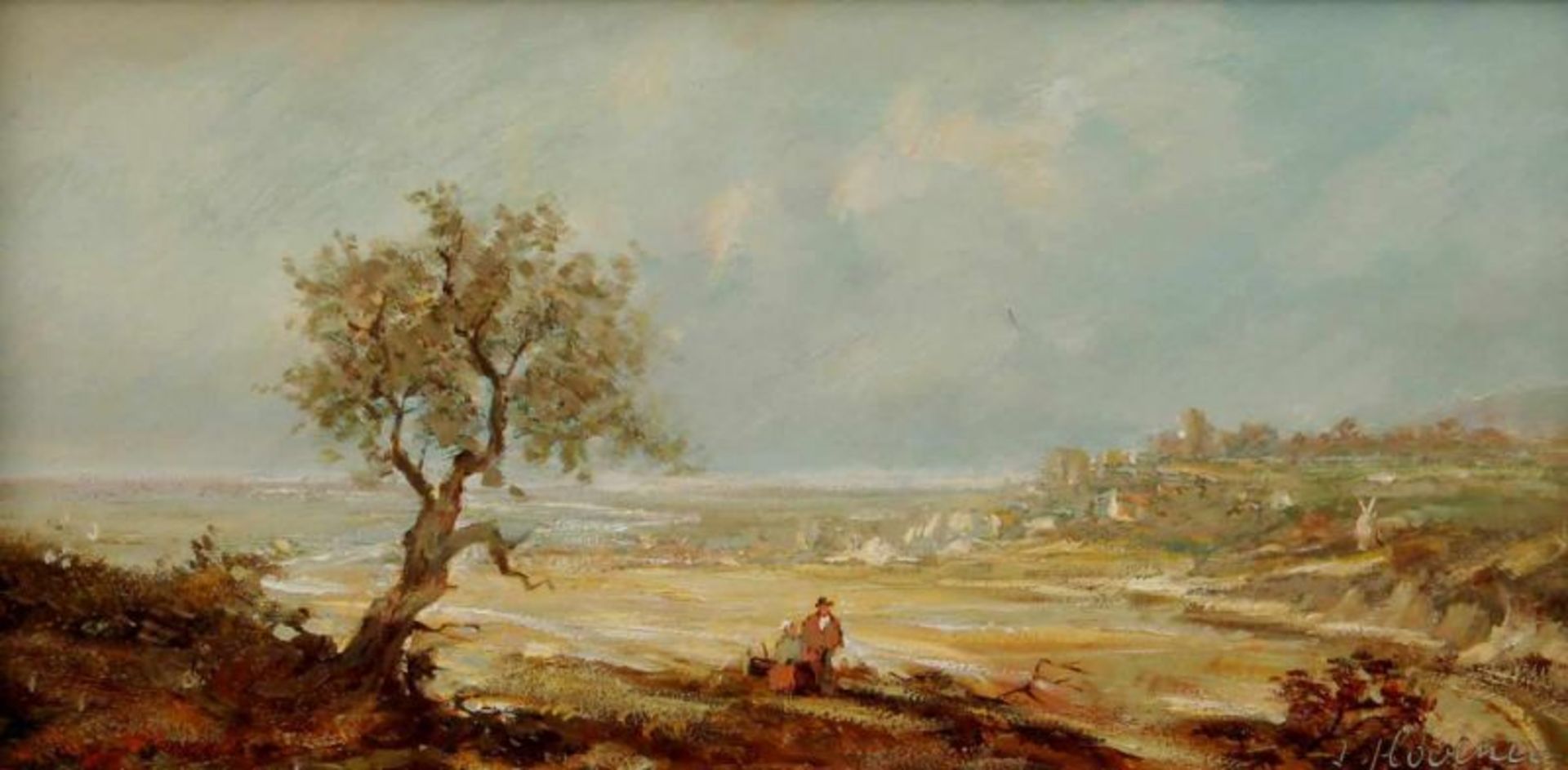 Hovener, J. (20. Jh.), "Blick über eine weite Landschaft", Öl auf Holz, signiert unten rechts J.