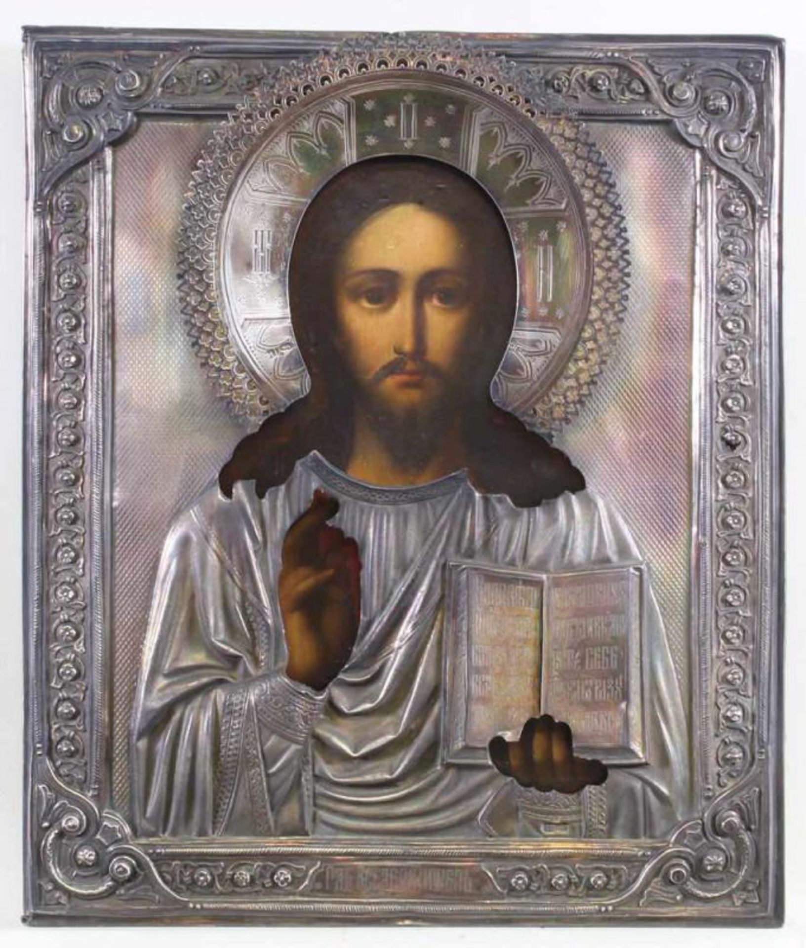 Ikone, Tempera auf Holz, "Christus Pantocrator", Russland, Ende 19. Jh., Oklad Silber, punziert,