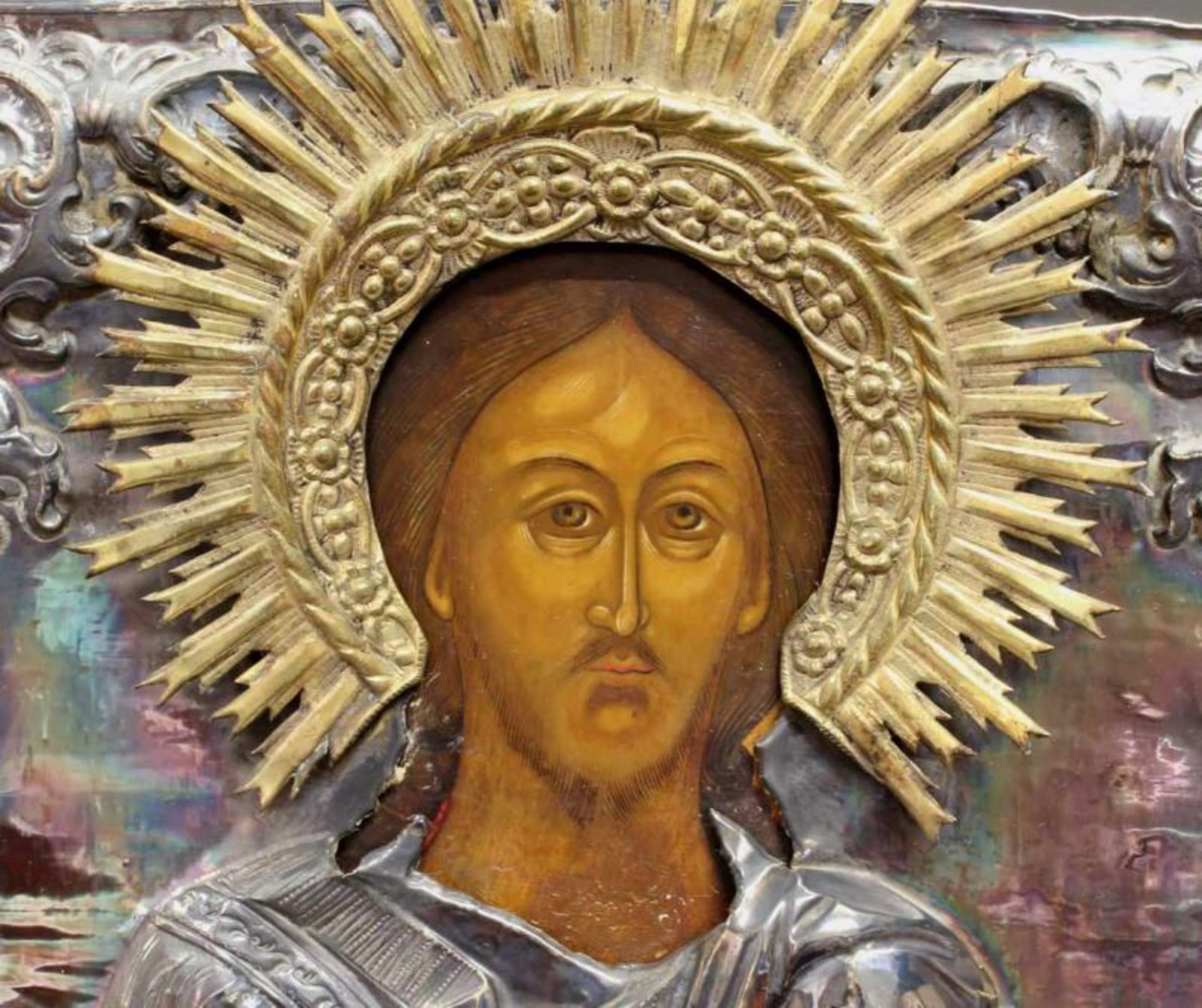 Ikone, Tempera auf Holz, "Christus Pantokrator", am Bildrand Onoufrius und Martha, Silberoklad, - Image 2 of 9