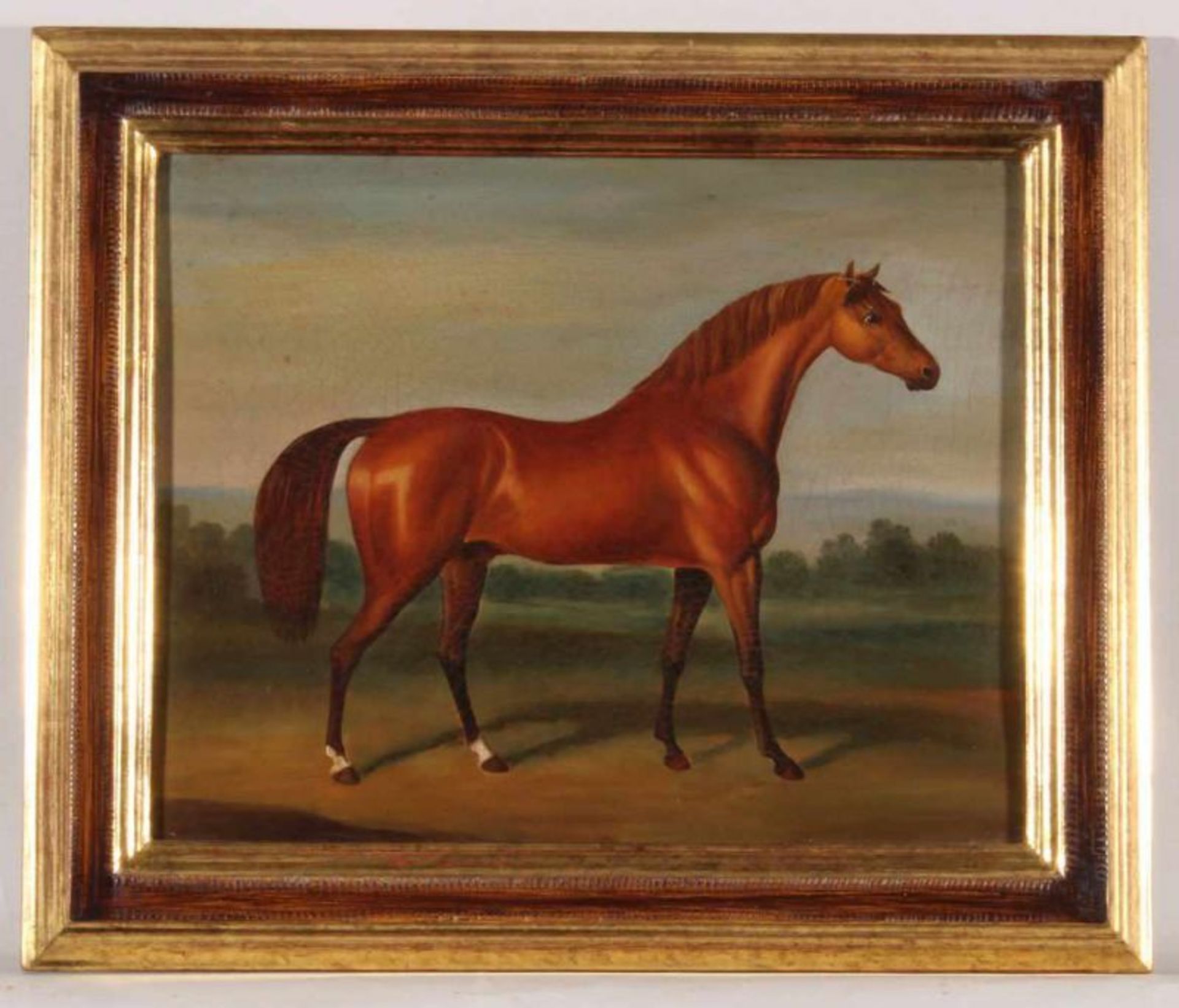 Englischer Maler (19. Jh.), "Rennpferd in Landschaft", Öl auf Leinwand, 23 x 29 cm 20.00 % buyer's - Image 2 of 3