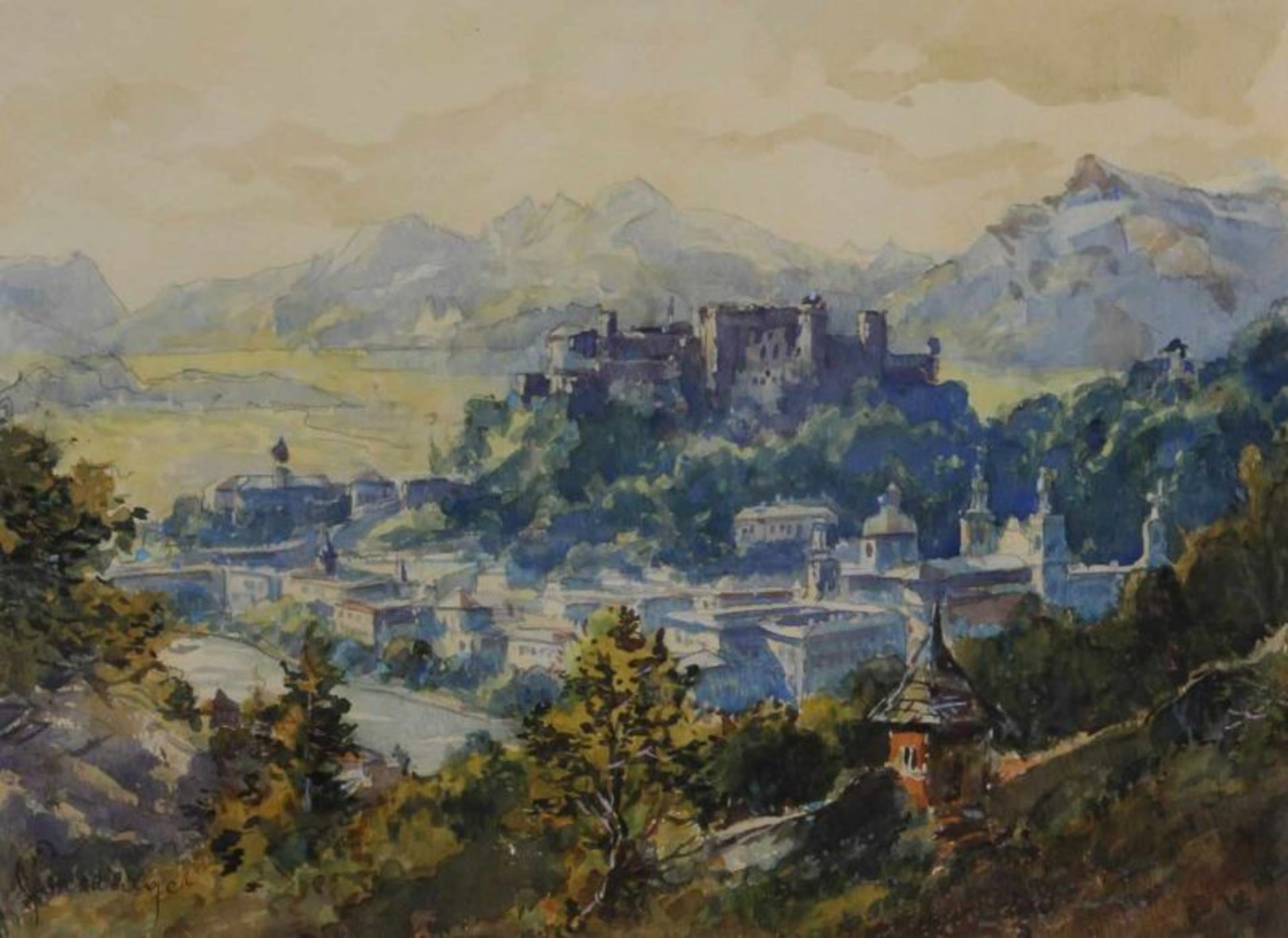 Prodinger, Josef (1876 St. Michael - 1969 Salzburg), "Salzburg vom Kapuzinerberg", Aquarell, mit