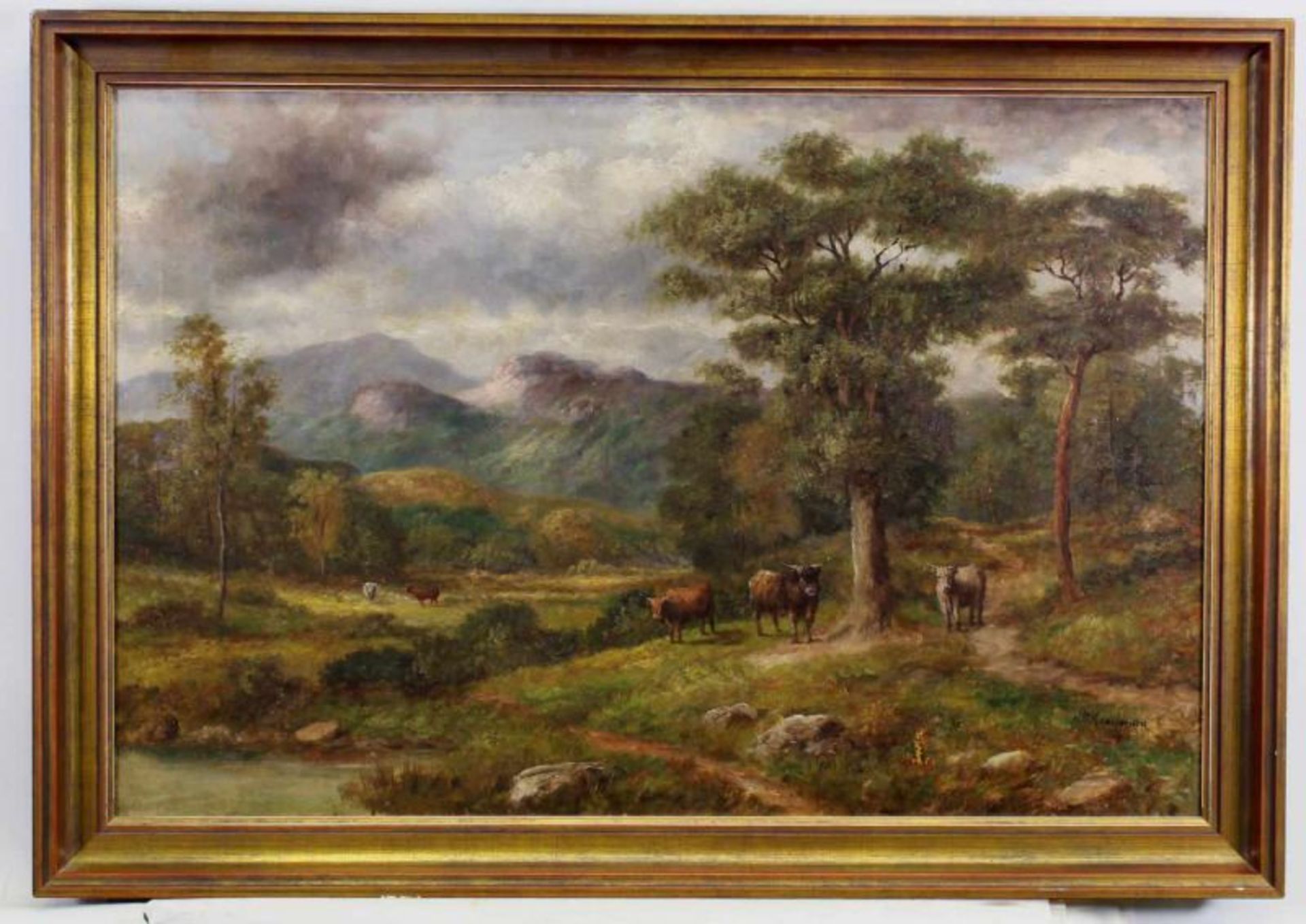 Englischer Maler (19./20. Jh.), "Highland Cattle in Perthshire", Öl auf Leinwand, undeutlich - Image 2 of 4