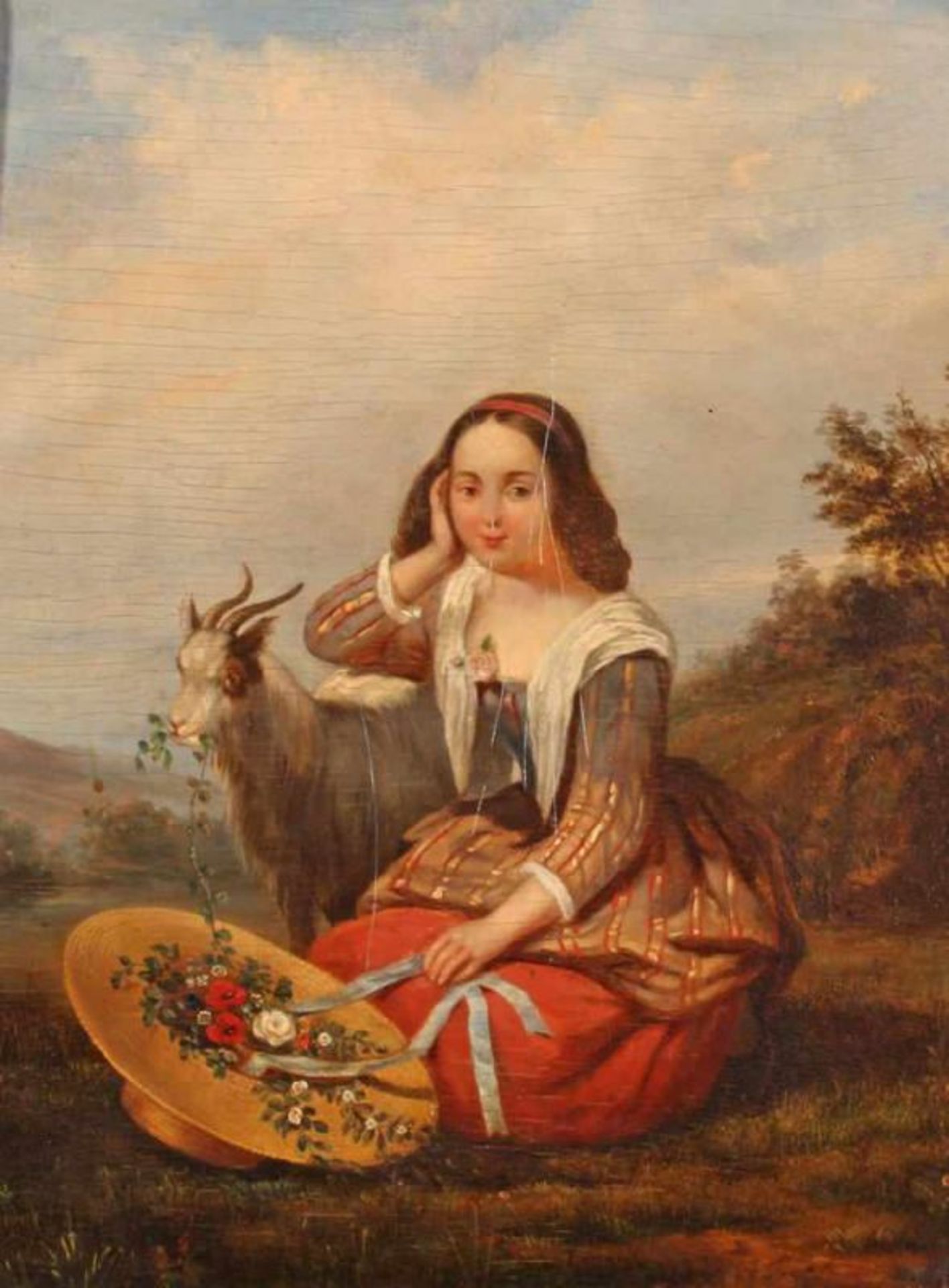 Unbekannter Maler (19./20. Jh.), "Schäferin mit Ziegenbock", Öl auf Holz, 31.5 x 25.5 cm,