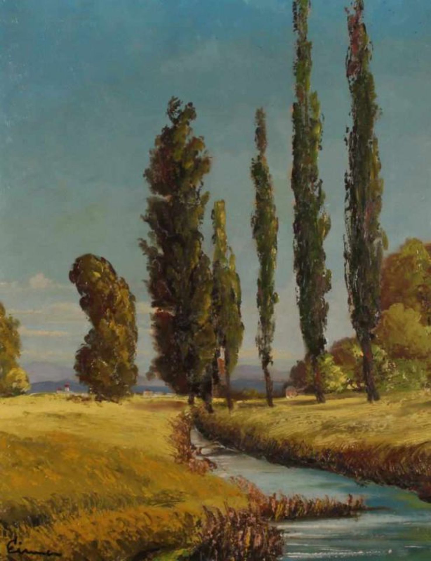 Eimer (19./20.Jh.), "Pappeln am Bachlauf", Öl auf Malkarton, signiert unten links Eimer, 50 x 60