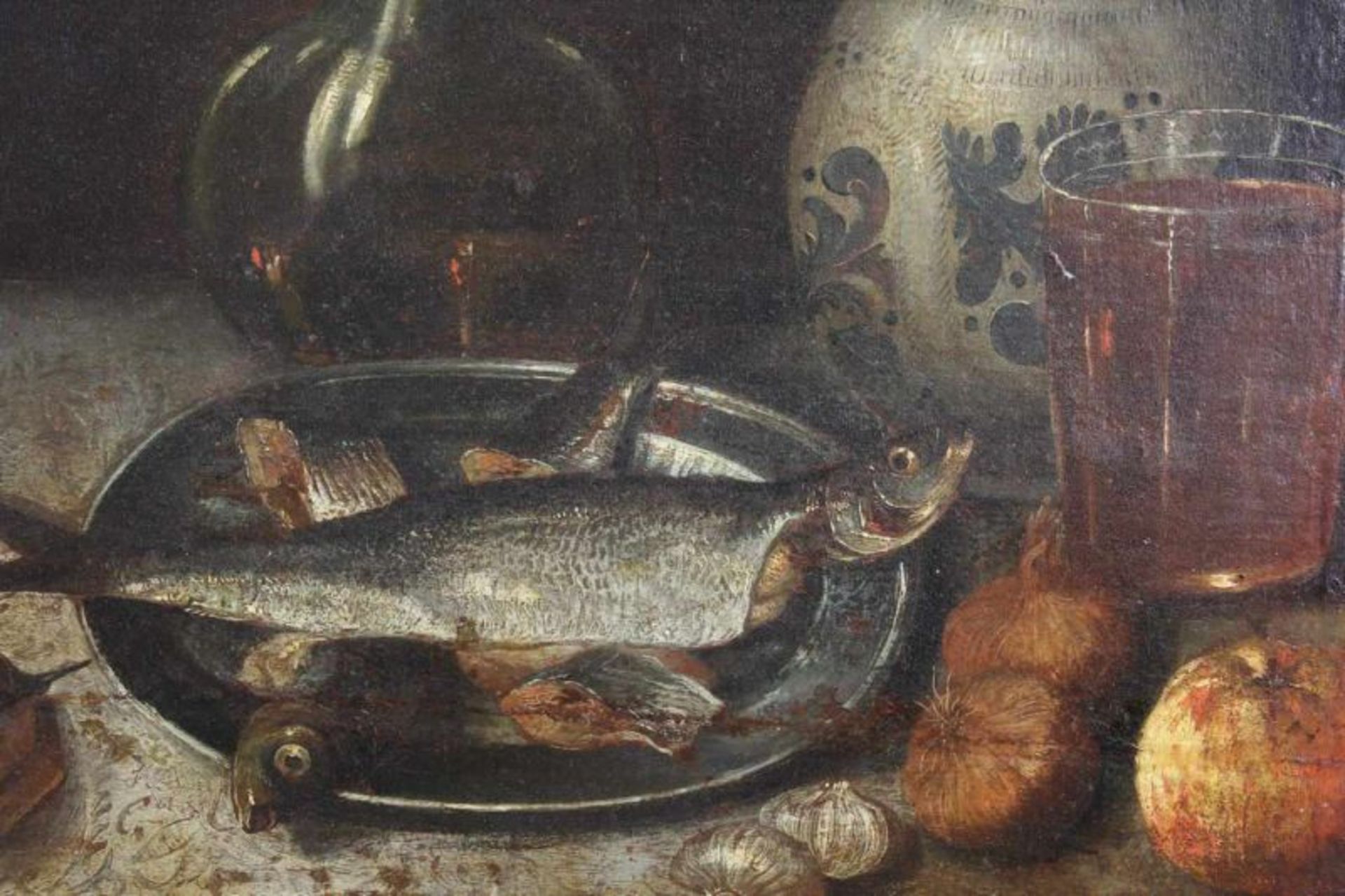 Deutscher Meister (2. Hälfte 17. Jh.), "Stillleben mit Fisch", Öl auf Leinwand, auf Holz, 48 x 54 - Image 4 of 4