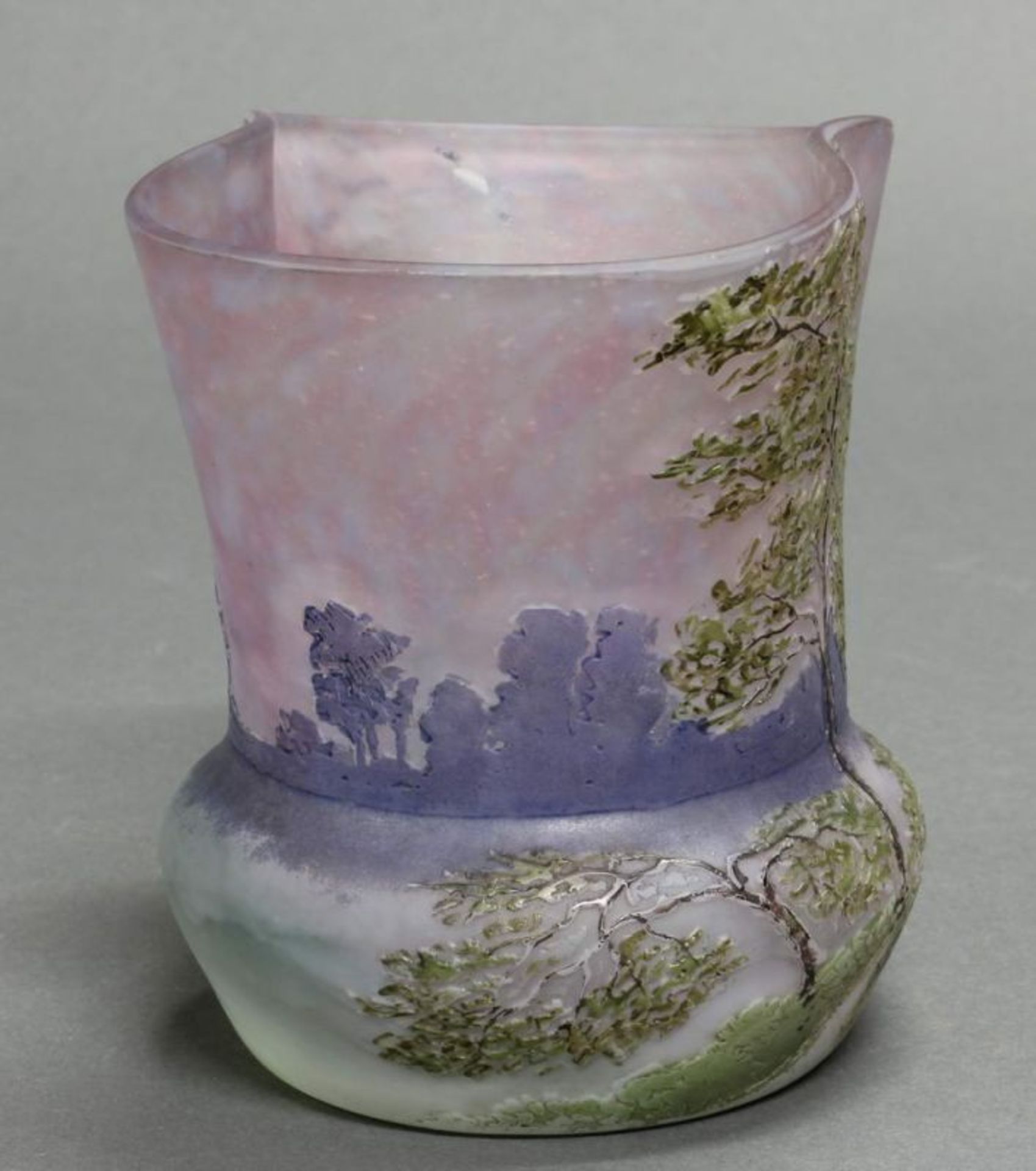 Vase, "Paysage", Legras & Cie, um 1910, Glas, mit geätzter, emailbemalter Landschaft, gekniffene - Image 4 of 6