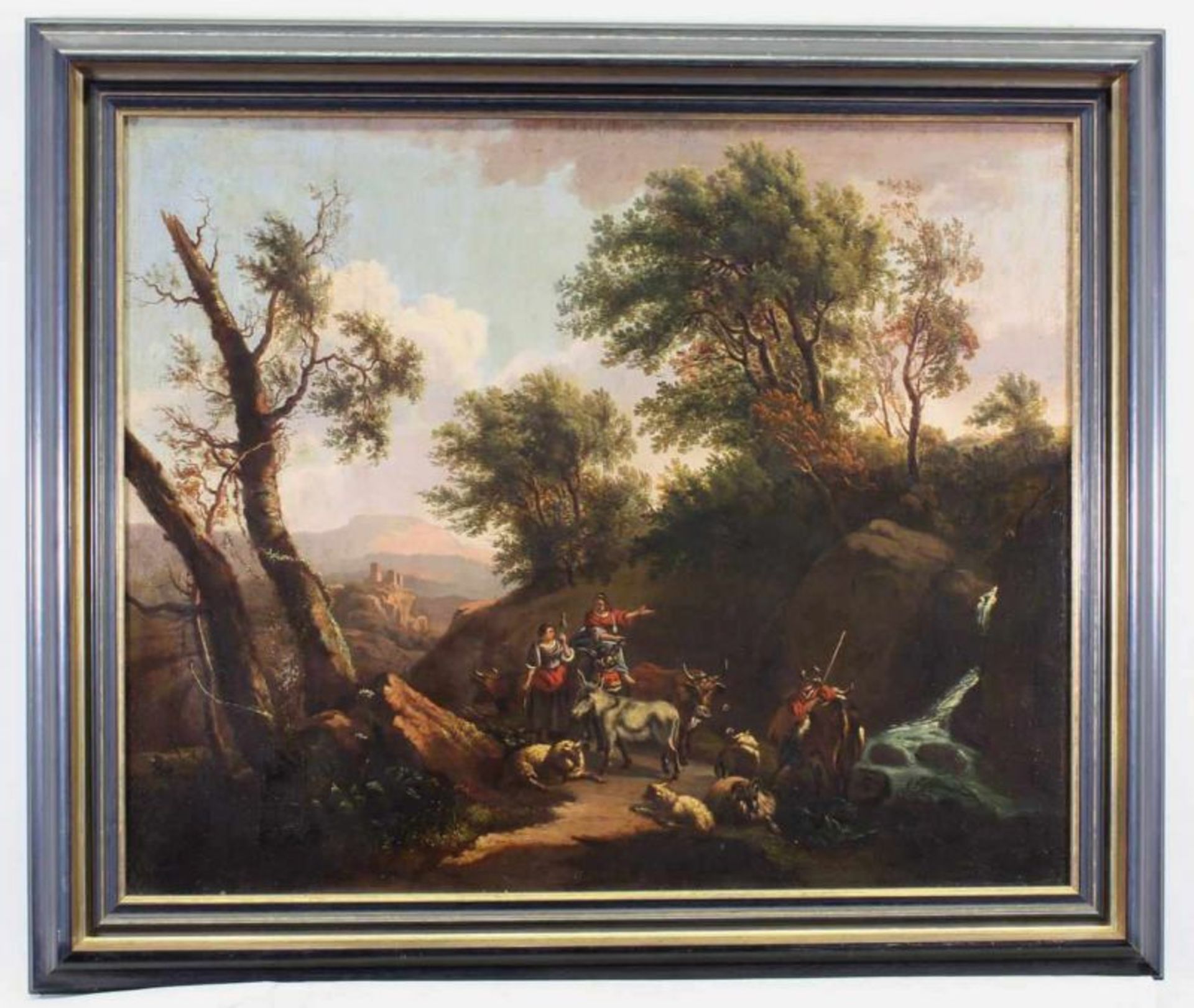 Unbekannter Maler (18./19. Jh.), "Rastende Hirten in südlicher Landschaft", Öl auf Leinwand, - Image 2 of 4