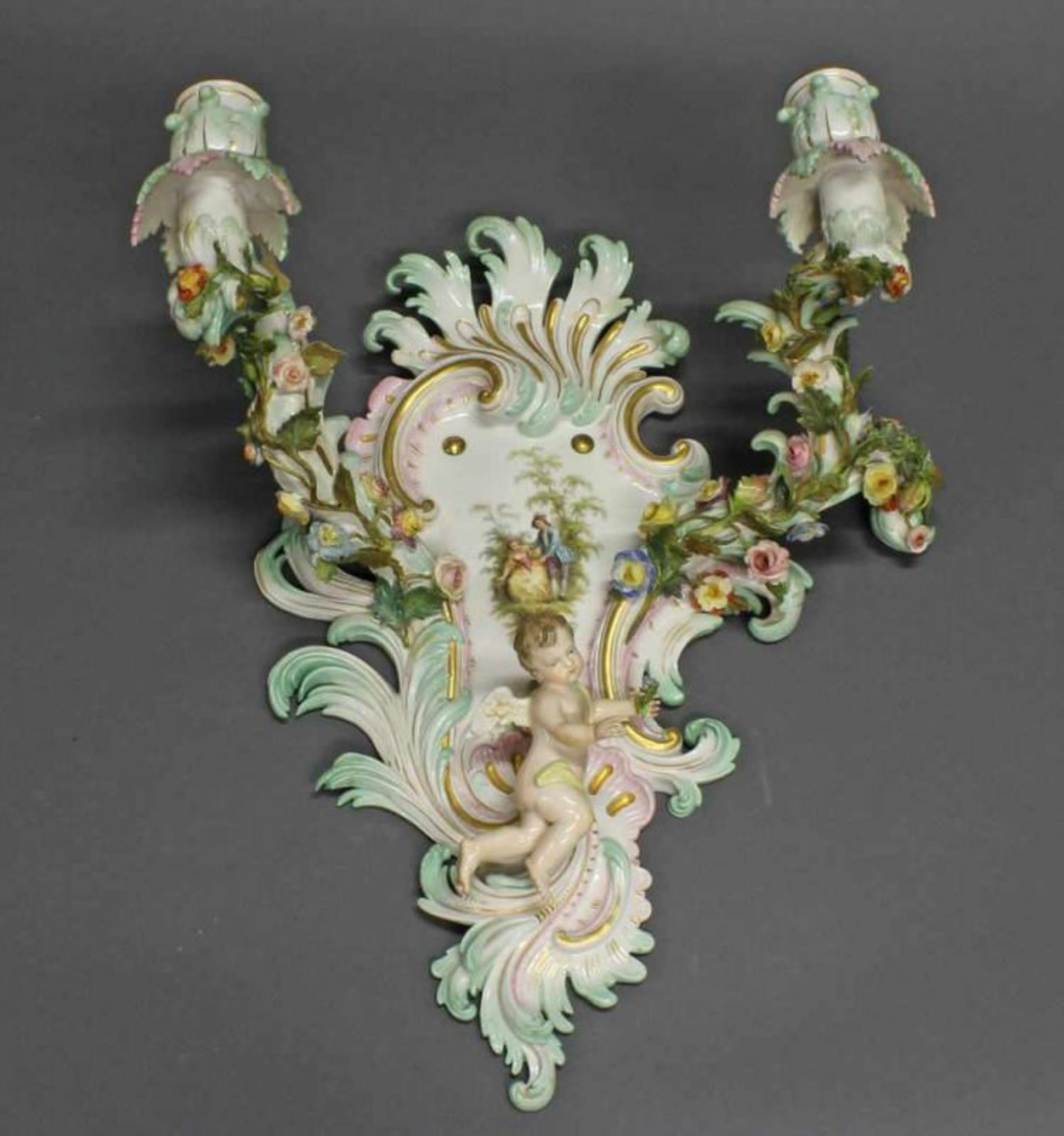 Wandleuchter, Meissen, Schwertermarke, 1850-1924, 1. Wahl, Modellnummer C 32, zweiflammig, mit