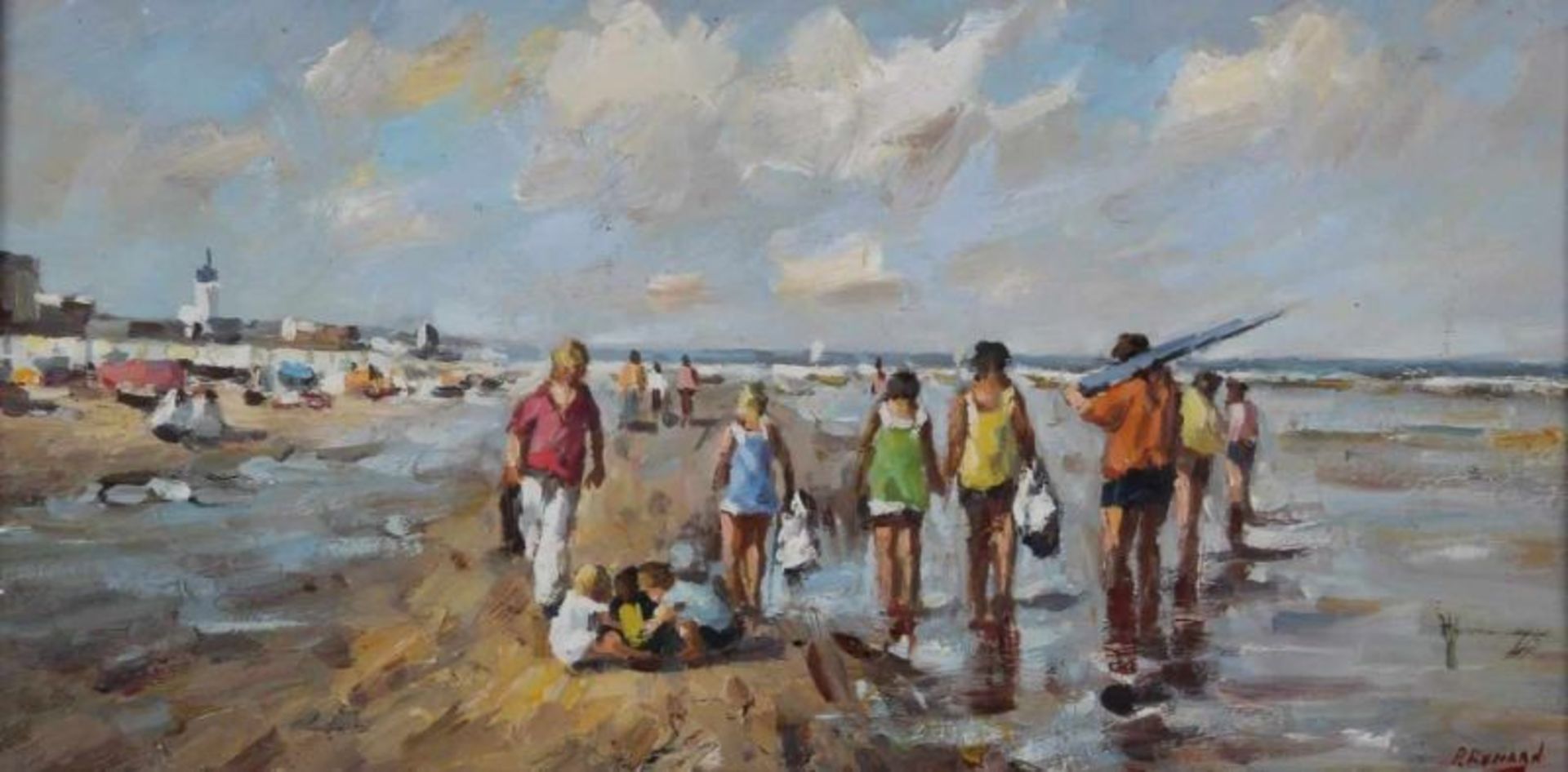 Renard, P. (20. Jh.), "Spaziergang am Meer", Öl auf Holz, signiert unten rechts P. Renard, 20 x 40