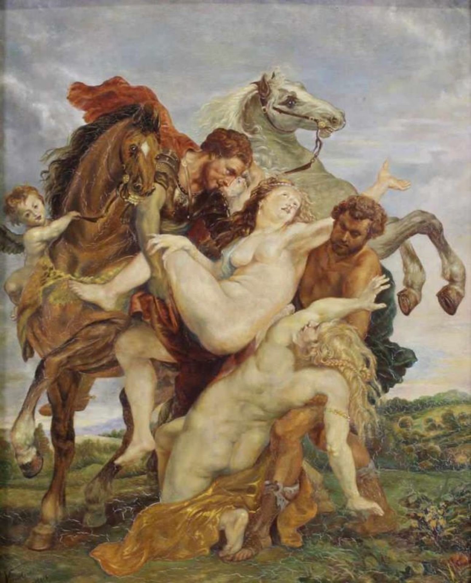 Eynden, J. Vanden (20. Jh.), "Der Raub der Töchter des Leukippos", Öl auf Holz, nach Peter Paul