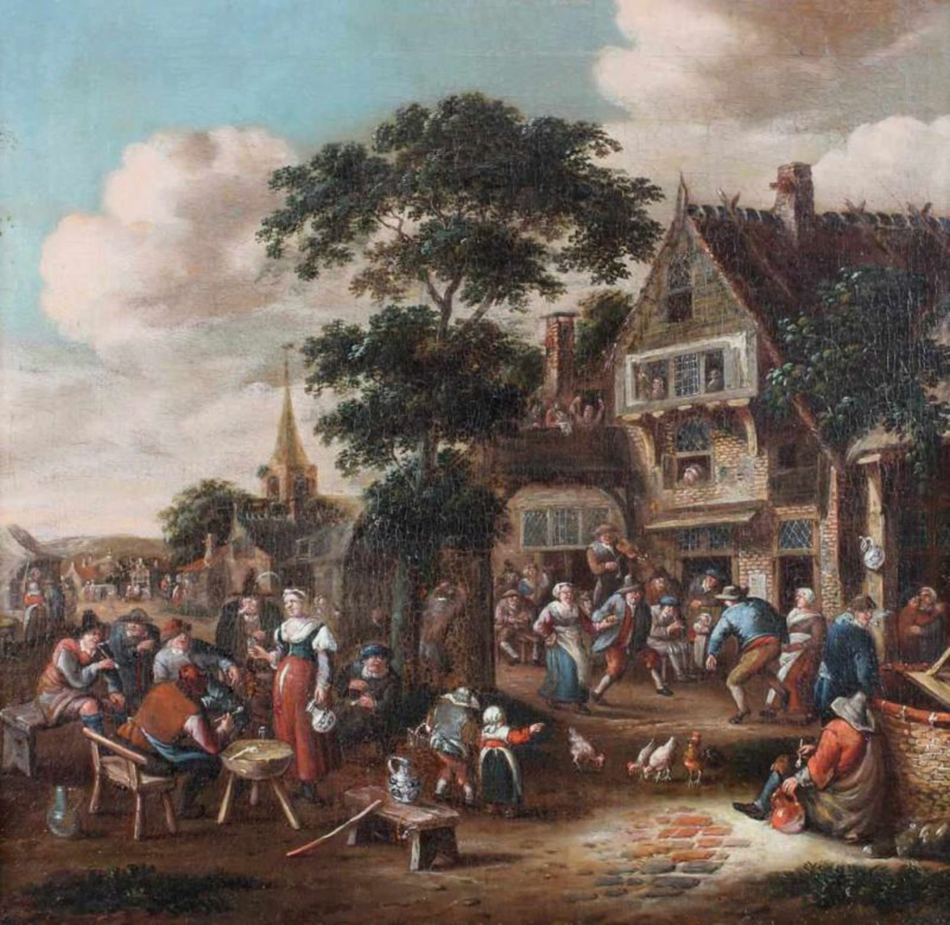 Verburgh, Rutger (geb. 1678 Rotterdam), zugeschrieben, "Bauernfest vor einem Gasthof", Öl auf