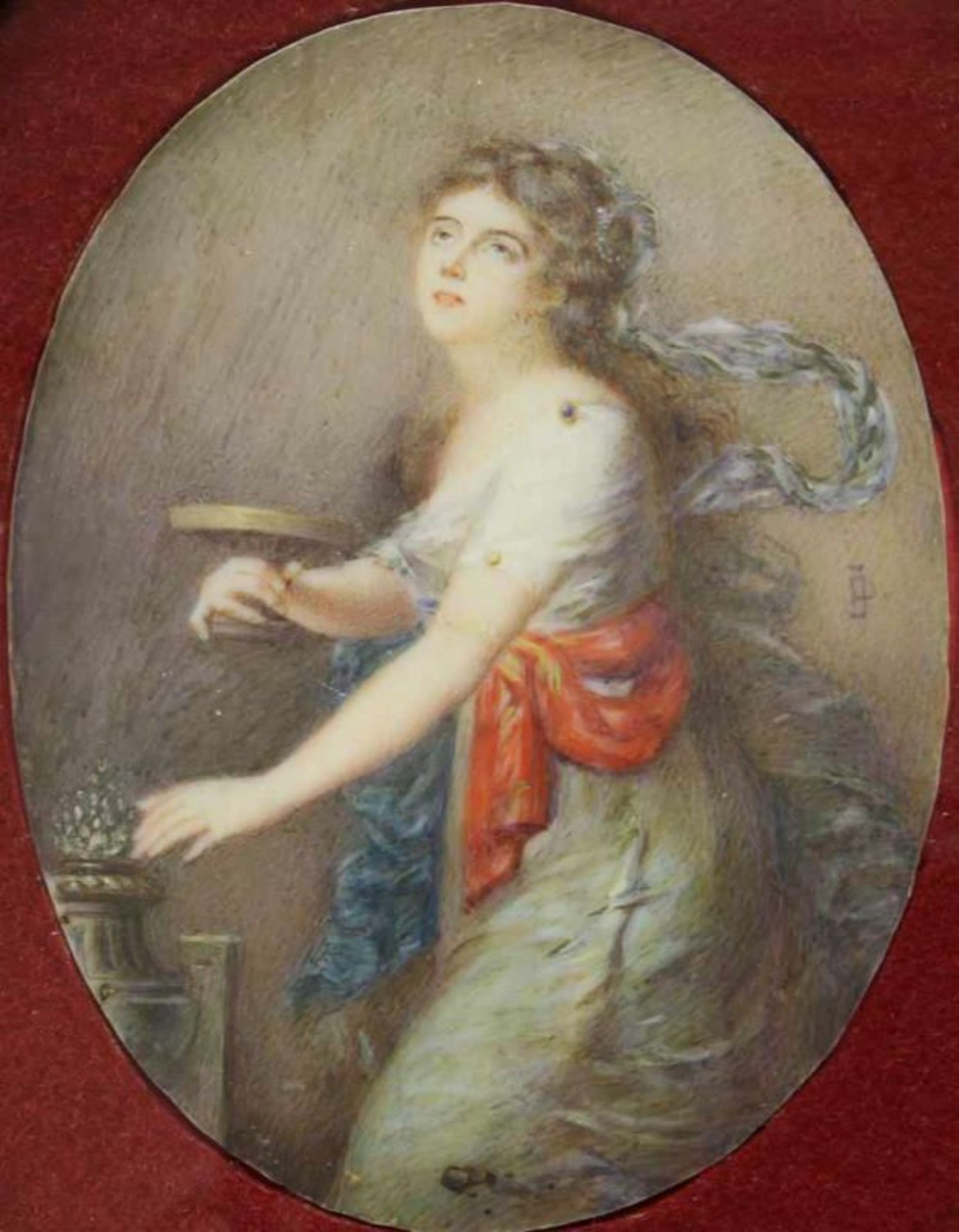 Miniatur, Gouache auf Elfenbein, "Junge Frau mit Schale", oval, monogrammiert JD (ligiert), 9 x 6. - Image 2 of 2