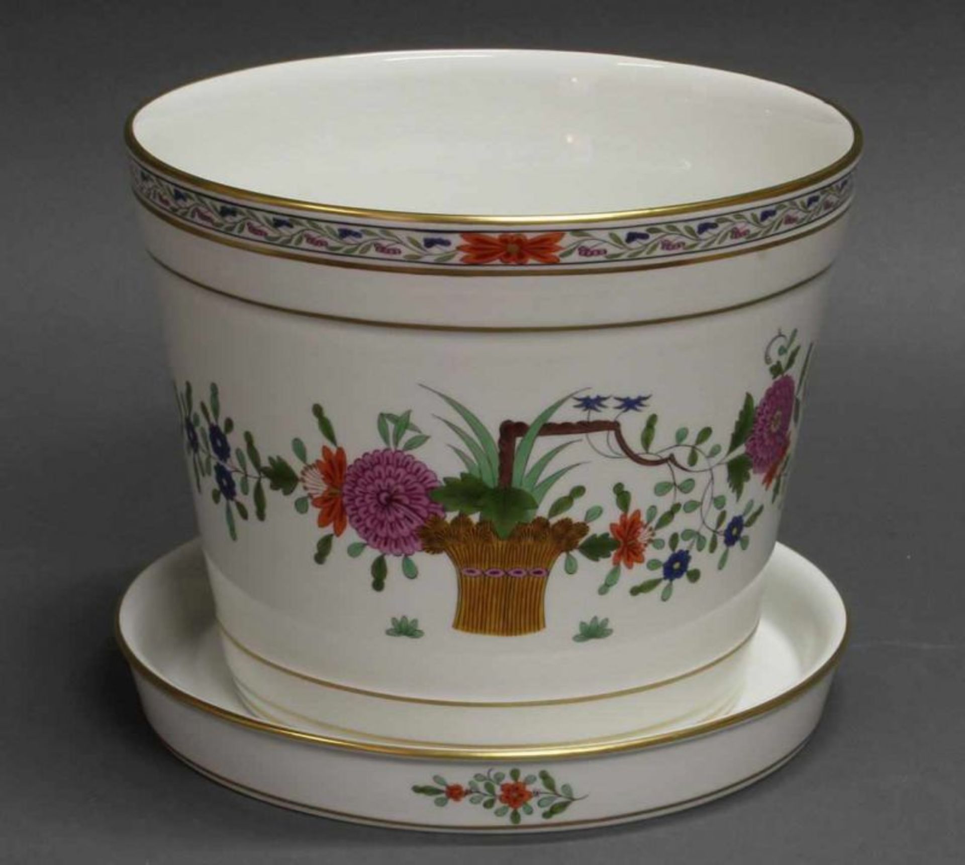 Cachepot mit Unterteller, Meissen, Schwertermarke, 1. Wahl, Garbenmuster mit Kante, reich, bunt,