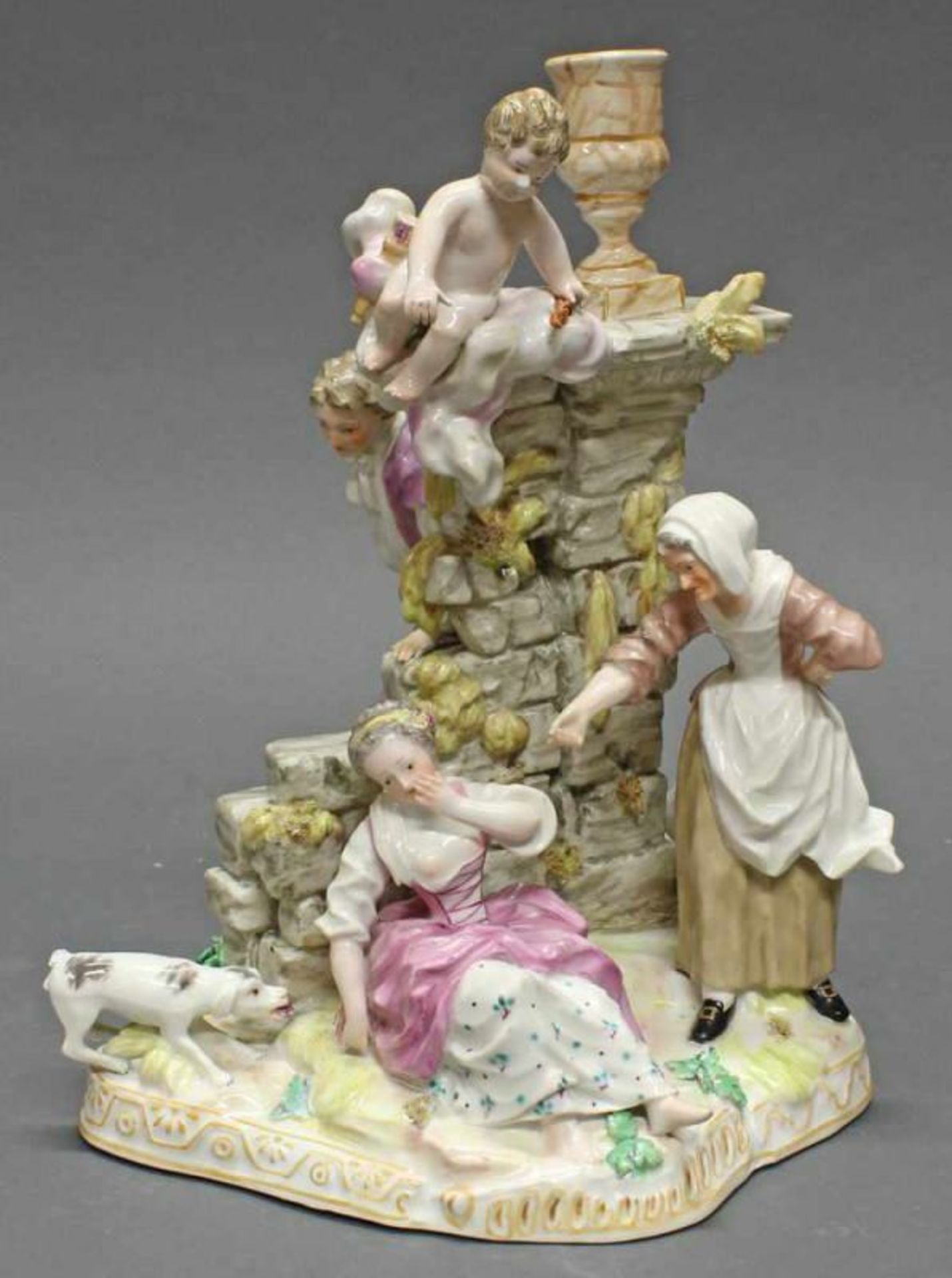 Porzellangruppe, "Das verratene Stelldichein", Meissen, um 1775, polychrom, Liebespaar mit alter