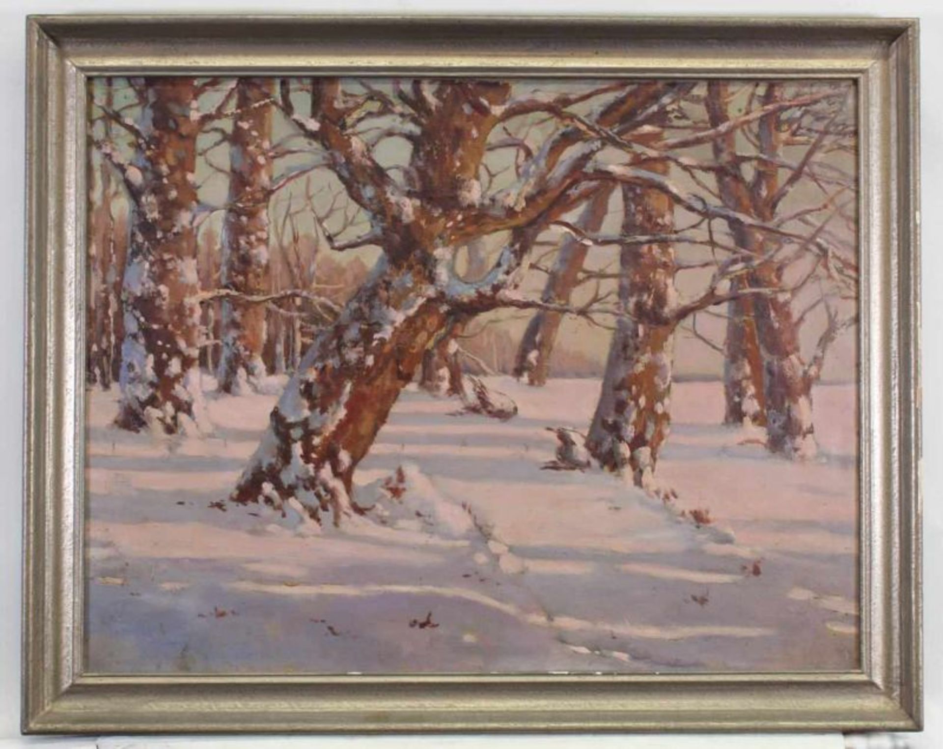 Landschaftsmaler (19./20. Jh.), "Winterabendsonne", Öl auf Leinwand, 50 x 65 cm, verso - Image 2 of 3