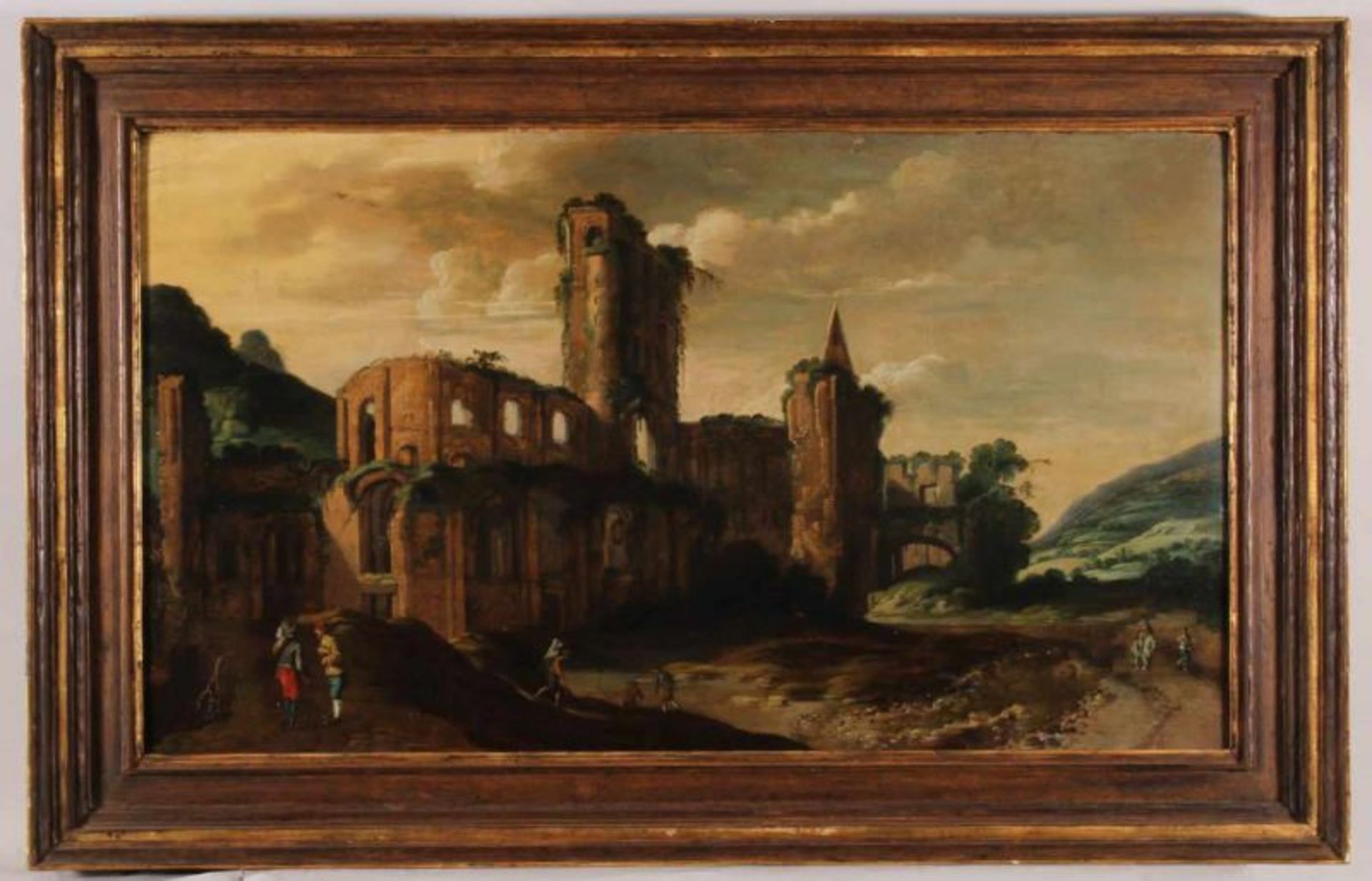 wohl Deutscher Meister des 17. Jh., "Landschaft mit Ruine", Öl auf Holz, 39 x 68 cm, Holztafel - Image 2 of 3