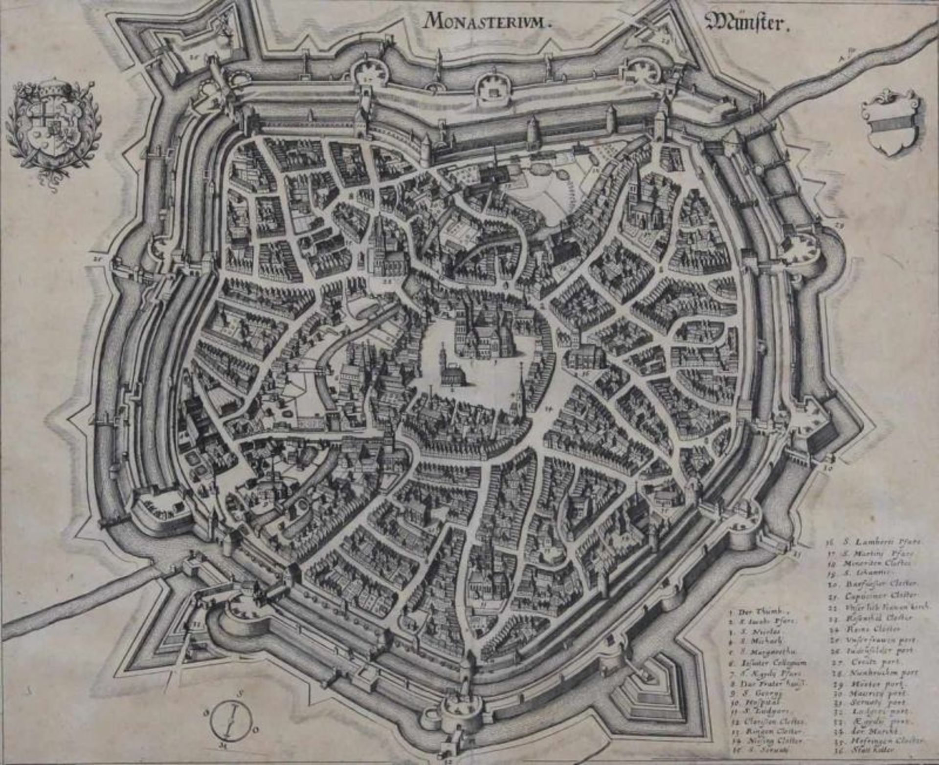 Kupferstich, "Monasterium Münster", Matthaeus Merian, 29 x 35 cm, unter Glas gerahmt, beschnitten