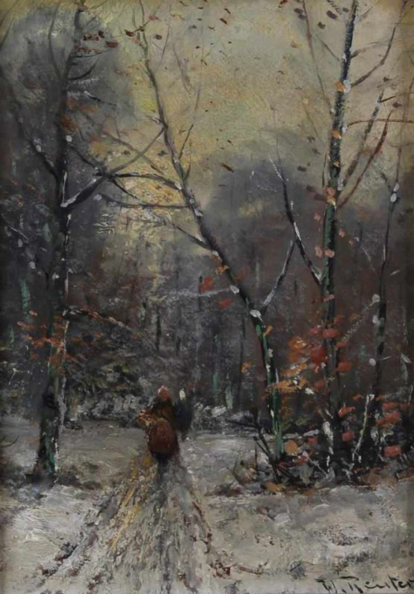 Reuter, Wilhelm (1874 Düsseldorf - 1958 ebda., Landschaftsmaler), "Im Winterwald", Öl auf Hartfaser,