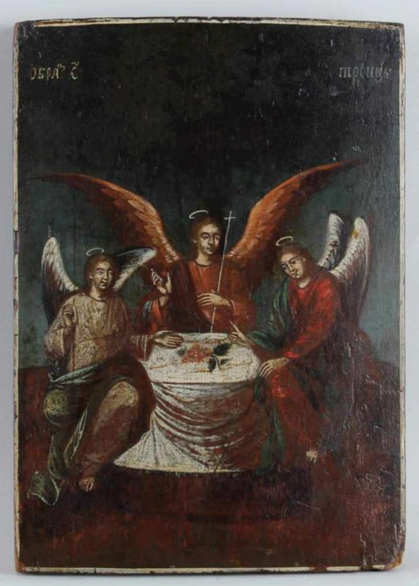Ikone, Tempera auf Holz, "Alttestamentliche Dreifaltigkeit", 19. Jh., 27.5 x 20 cm, Sponki fehlen