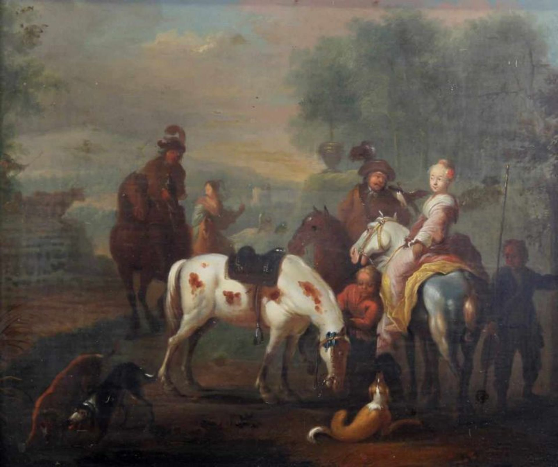 Wouwermans, Philips, (1619 - 1668), in der Art, "Höfische Gesellschaft bei der Falkenjagd", Öl auf