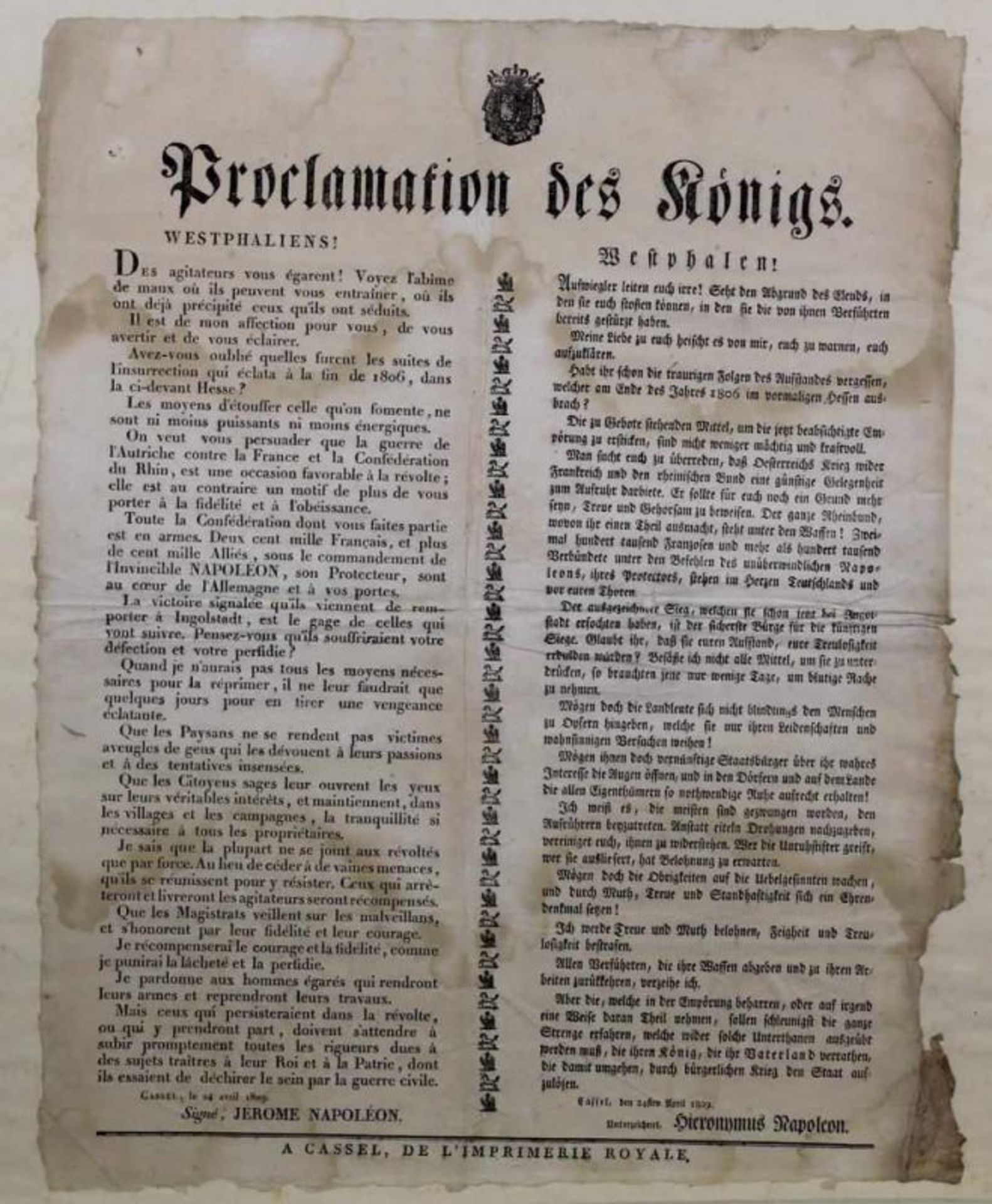 Proklamationsaushang des Königs Jérôme Napoleon, König von Westphalen, Kassel 1809, 53 x 40 cm, im