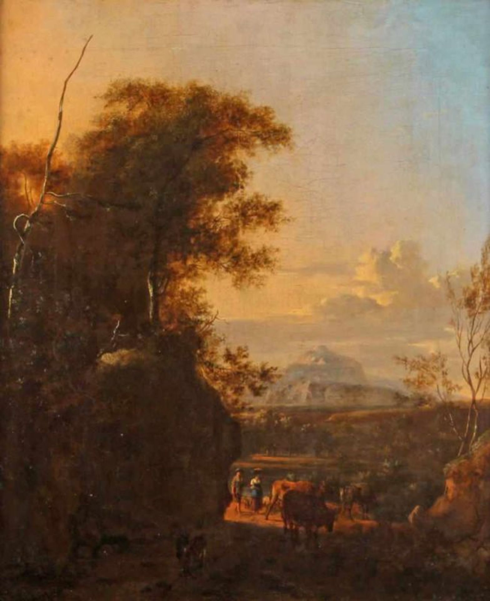 Moucheron, Frédéric de (1633 - 1686), zugeschrieben, "Südliche Landschaft mit Viehhirten", Öl auf