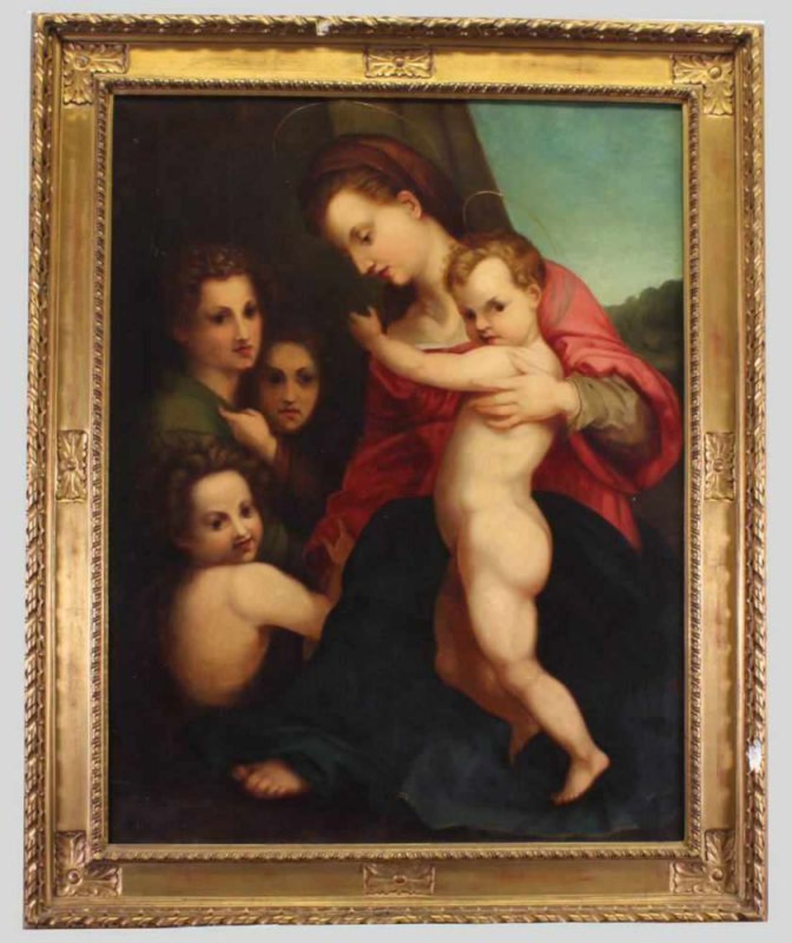 Sakralmaler (19. Jh.), "Maria mit Christuskind und Johannesknaben", Öl auf Leinwand, alt gerahmt, - Image 2 of 3