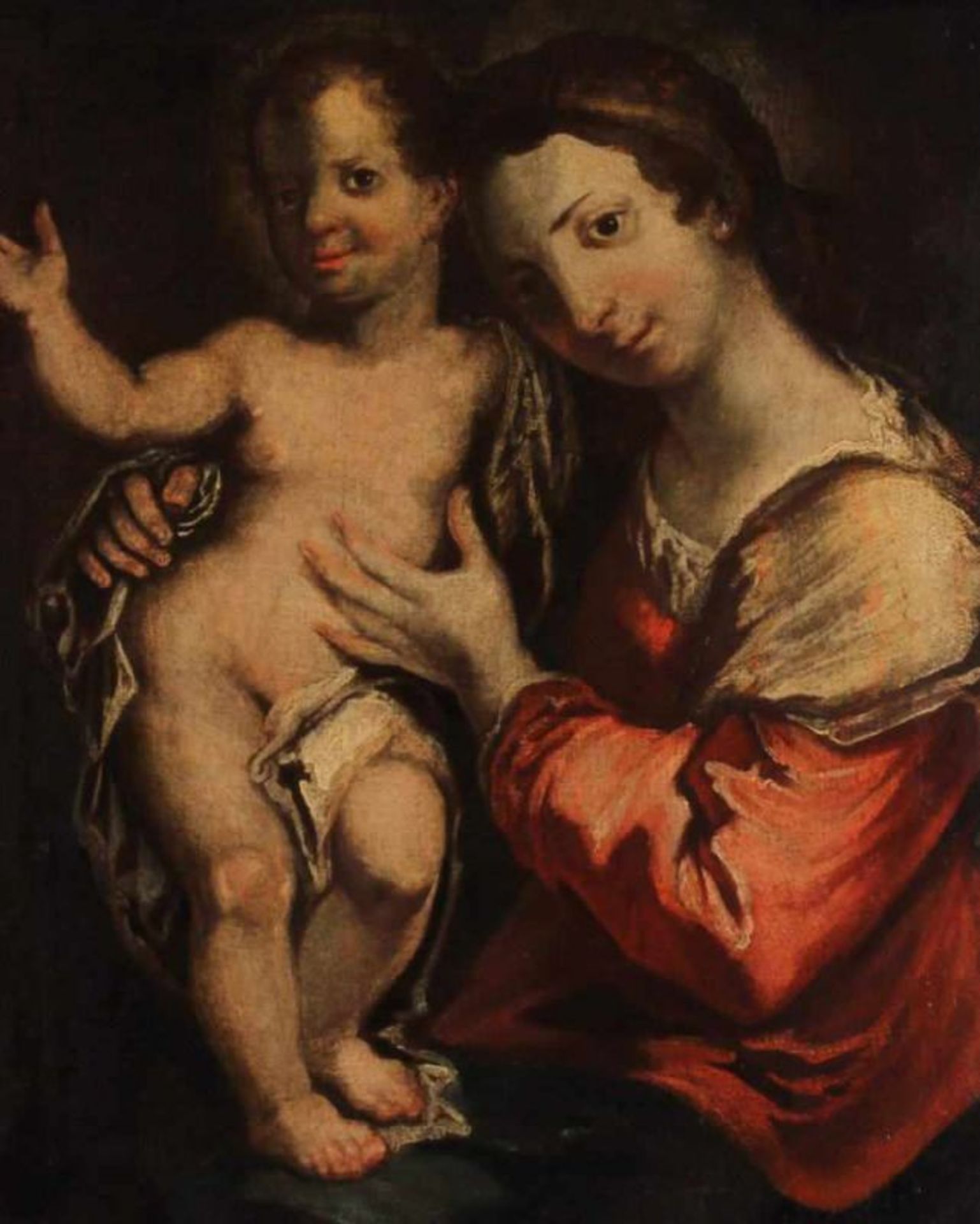 Süddeutsch (um 1700), "Muttergottes mit Kind", Öl auf Leinwand, doubliert, 59 x 48 cm, stark