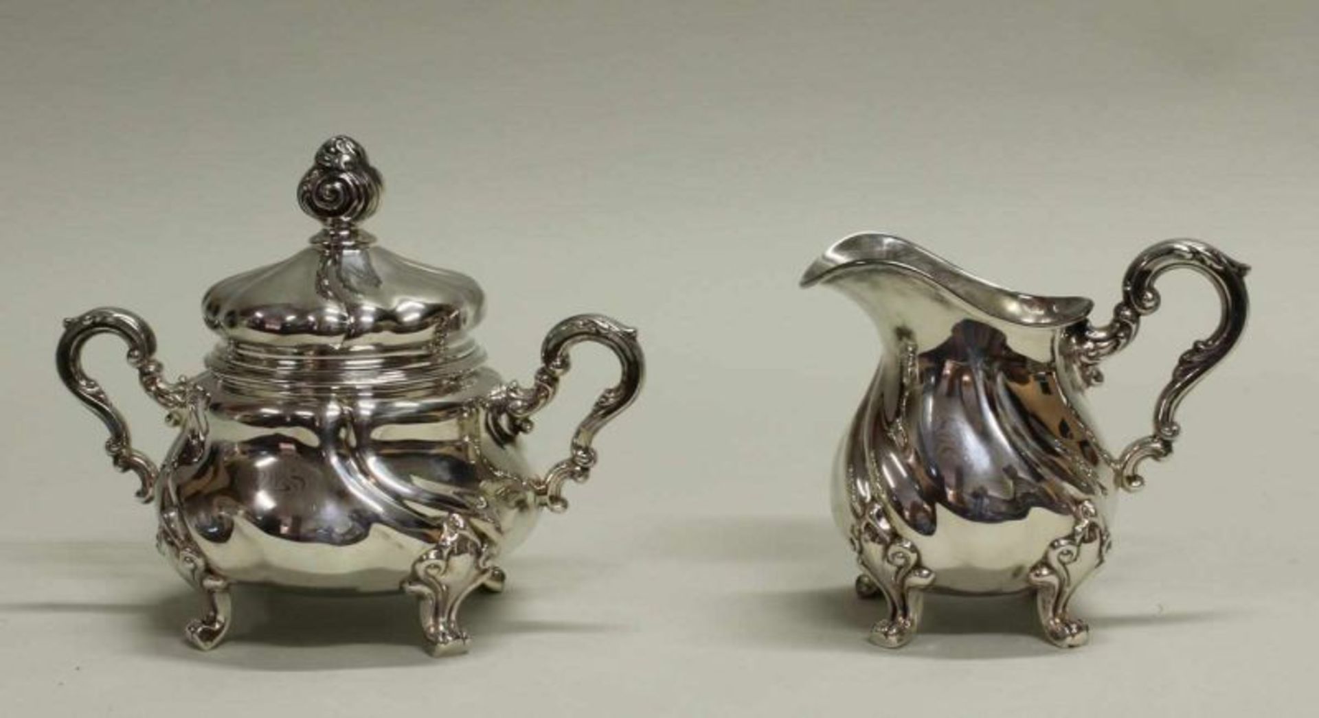 Sahnegießer und Zuckerdose, Silber 830, Gbr. Deyhle, Barockform, 10.8-14 cm hoch, zus. ca. 460 g,