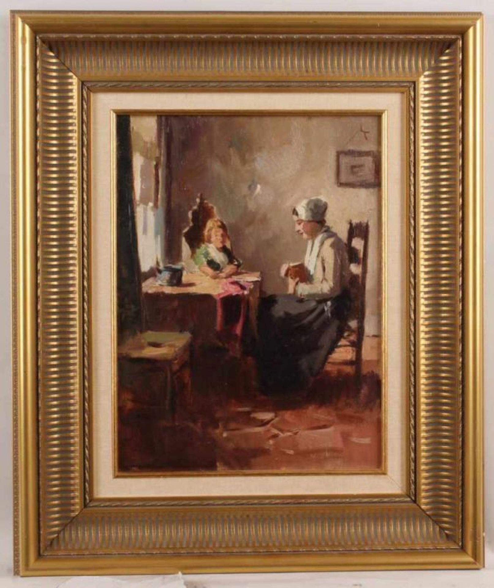 Ligtelijn, Evert Jan (1893 Amsterdam - 1954 ebda., Genremaler), "Mutter und Kind in der Stube", Öl - Image 2 of 4